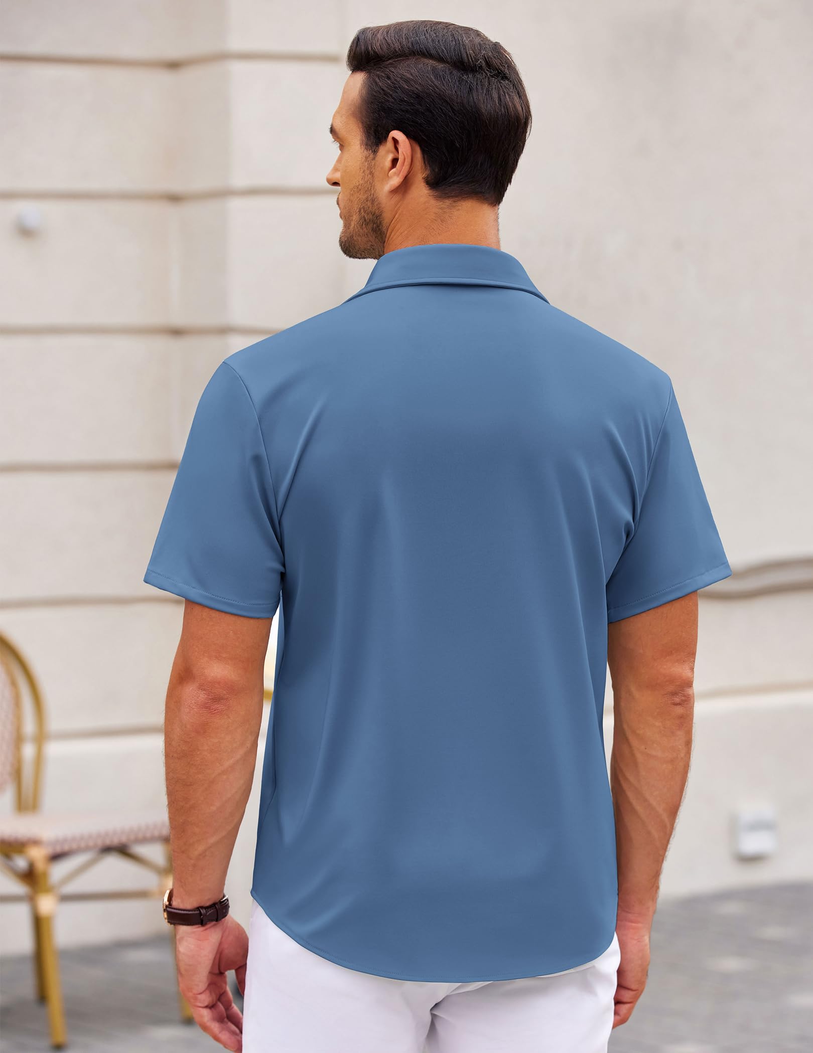 COOFANDY Men's Casual Button Down Shirts Short Sleeve Muscle Fit Dress Shirts with Pocket Deep Blue