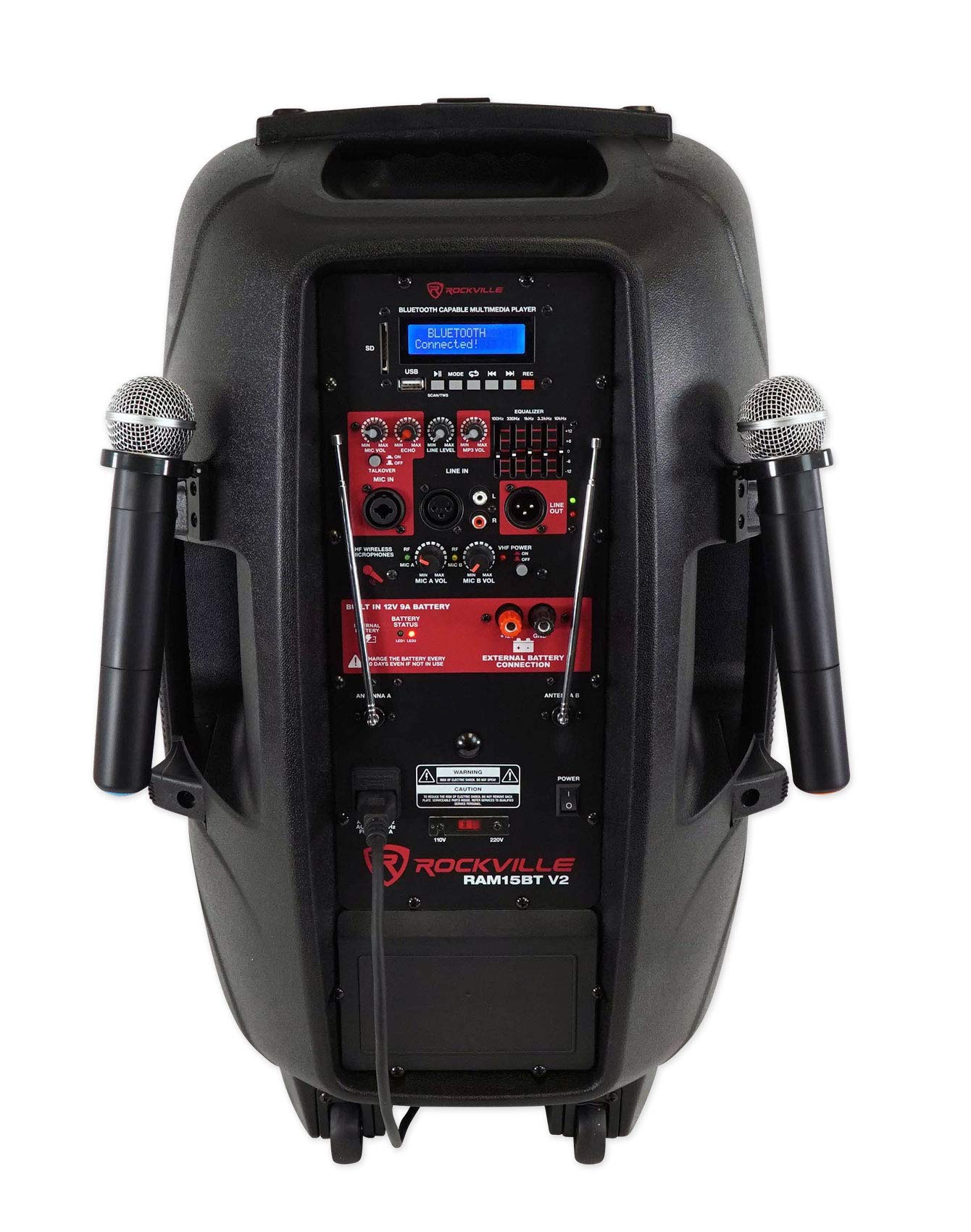 Rockville RAM15BT 15" Rechargable Powered 800W PA Speaker+2 Mics+Bluetooth+Stand