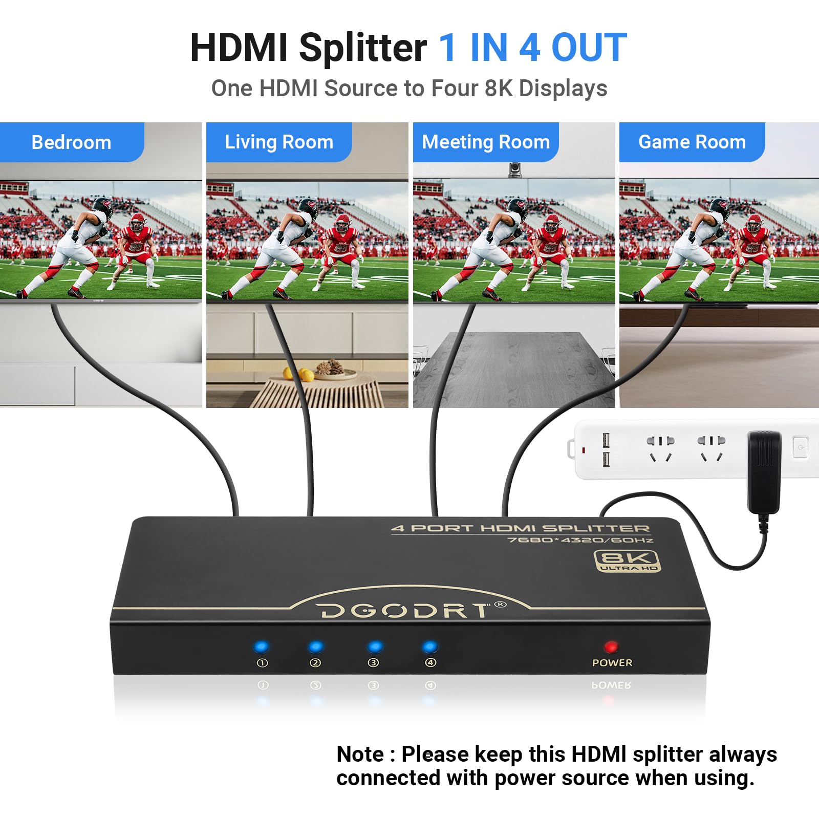 8K 60Hz HDMI Splitter 1 in 4 Out Extended Display, 1x4 HDMI Splitter 48Gbps Distributor Box Support 3D HDR HDCP 2.3 for HDTV,Fire Stick,PS5,Xbox,Blu Ray(1 Source onto 4 Displays)