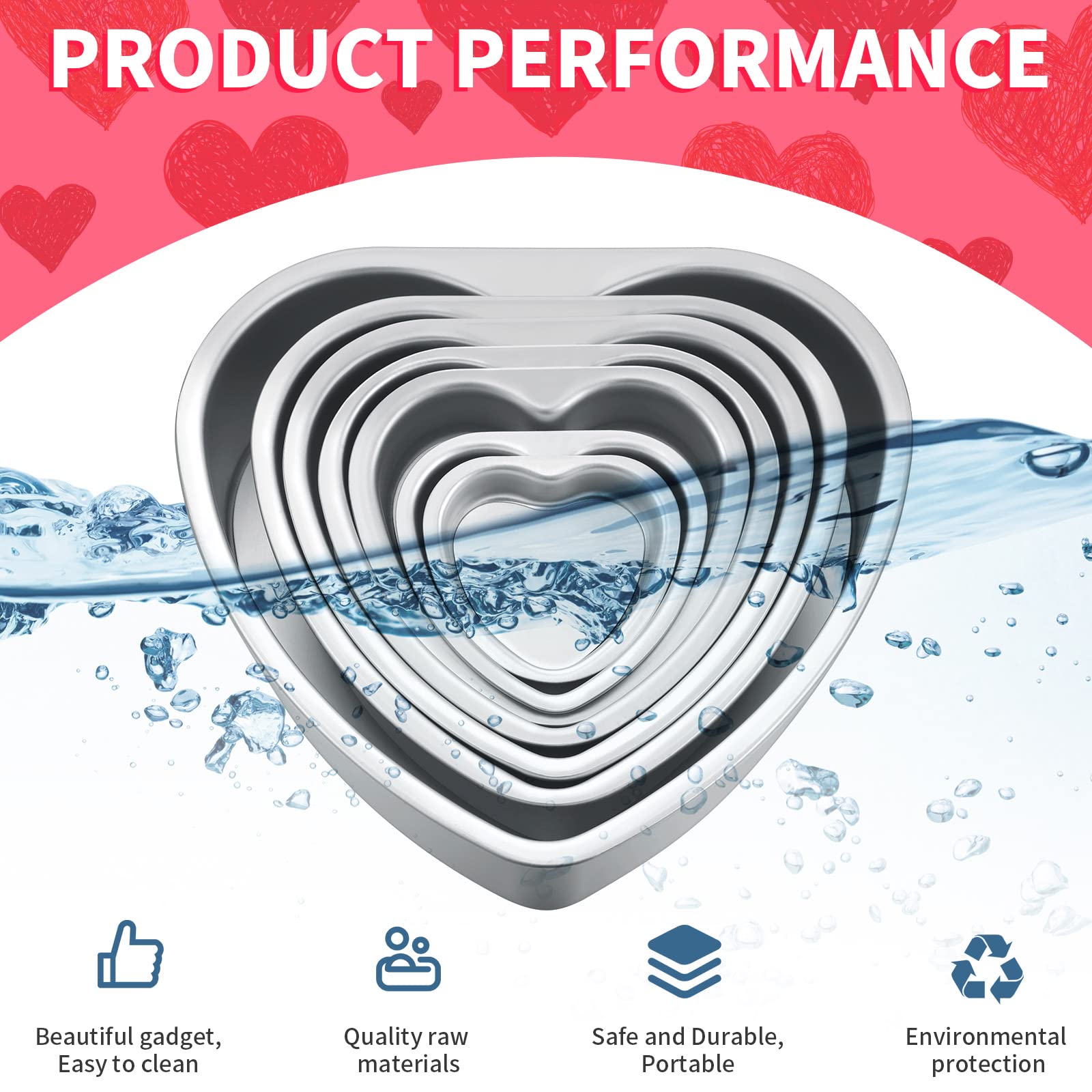 Sieral 7 Pcs Aluminum Heart Shaped Cake Pans Set 3/4/ 5/6/ 8/10 Inch DIY Nonstick Baking Pan with Removable Bottom Cake Dessert Baking Mould Supplies