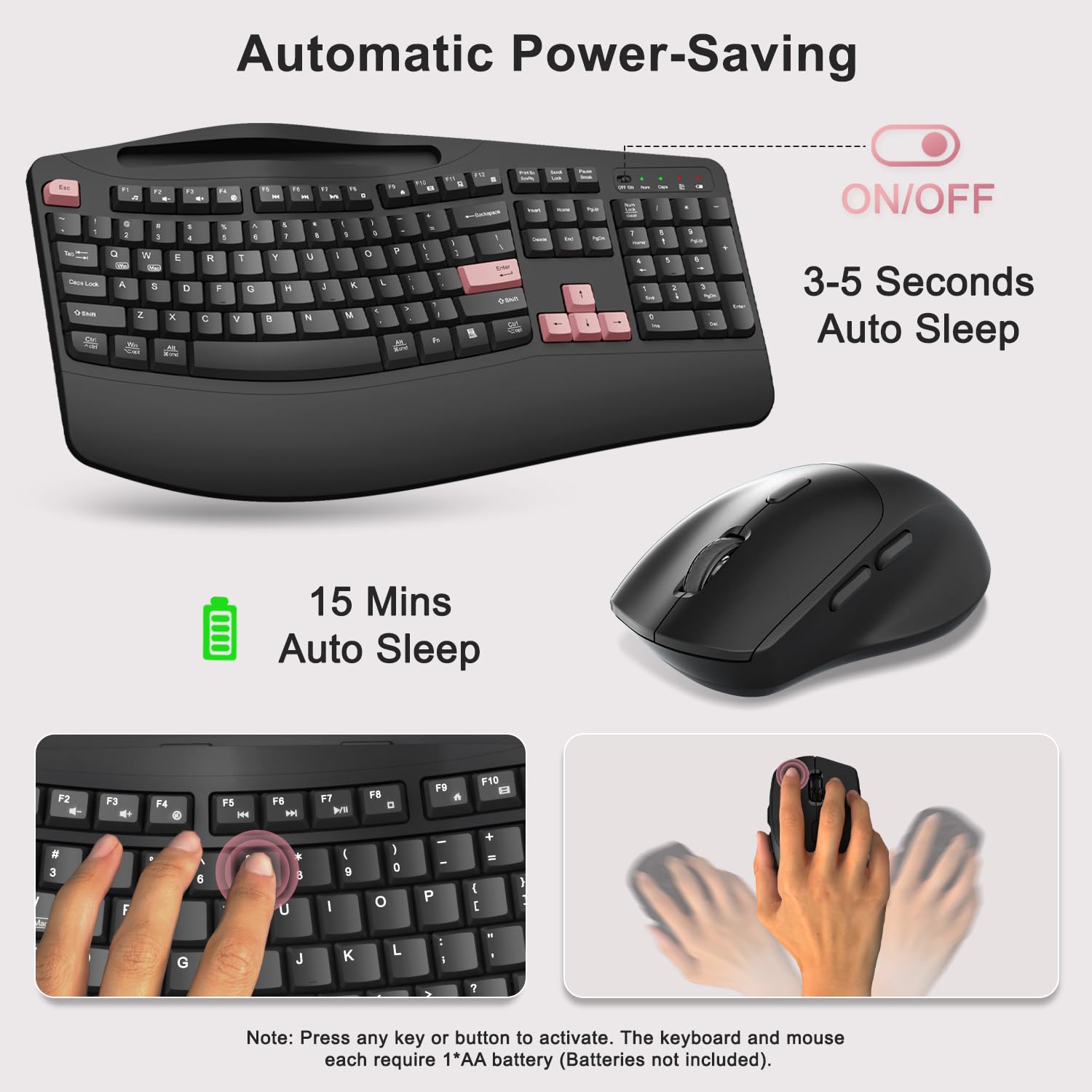 Wireless Keyboard and Mouse Combo, 2.4G Full Size Wave Keys Ergonomic Keyboard with Wrist Rest, Phone Holder, 3-Level DPI Wireless Silent Mouse with 6-Buttons, for Windows (Pink)