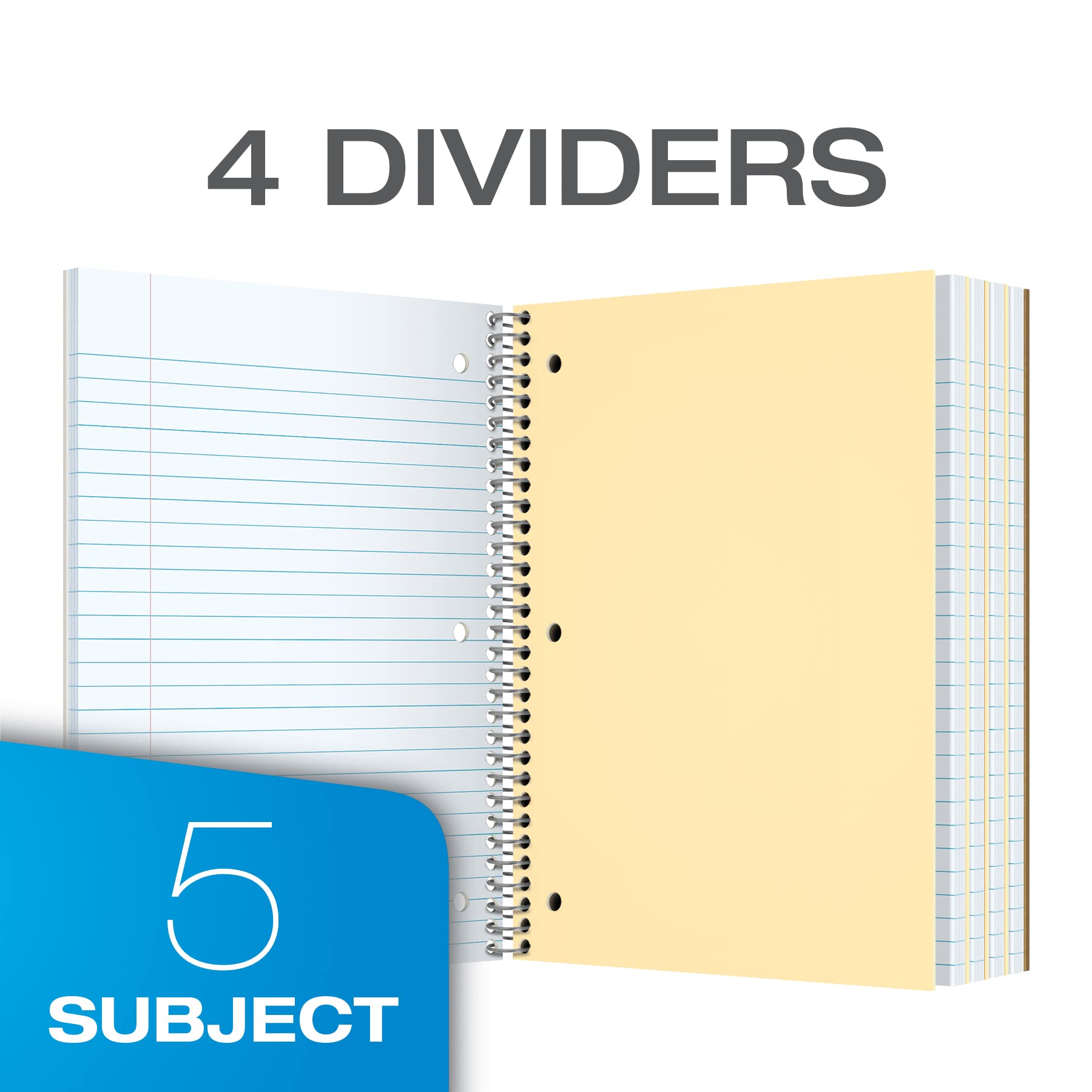 Oxford Spiral Notebook 3 Pack, 5 Subject Writing Journal, 3-Hole Punch, College Ruled Paper, 4 Dividers, 8 x 10-1/2 Inch, Black, Red, Blue, 180 Sheets (65203)