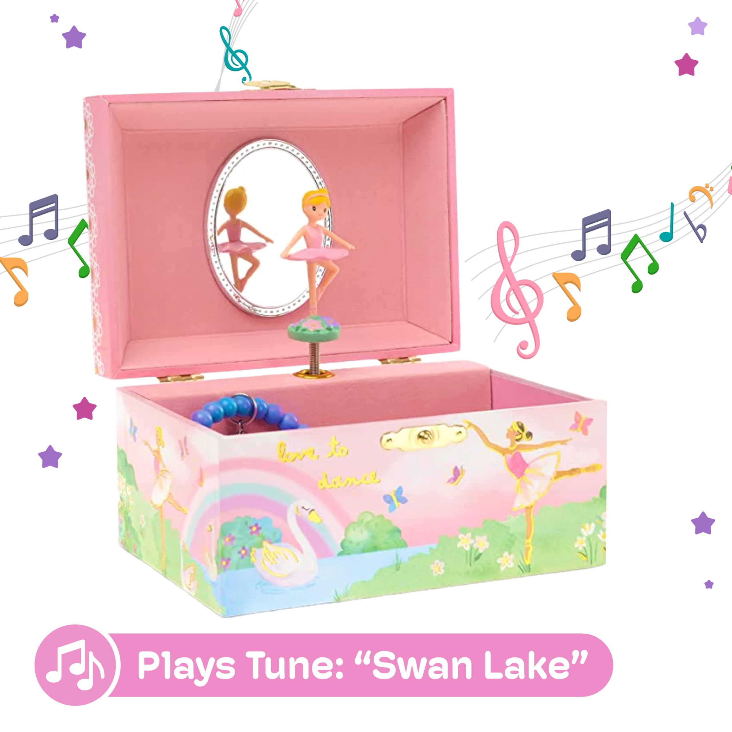 Jewelkeeper Ballerina Jewelry Box for Girls - Rainbow Ballerina Jewelry Box - Swan Lake Tune - 4-Year-Old Girl Gifts - Small Ballerina Jewelry Box with Doll and Storage - Engineered Wood - Pink
