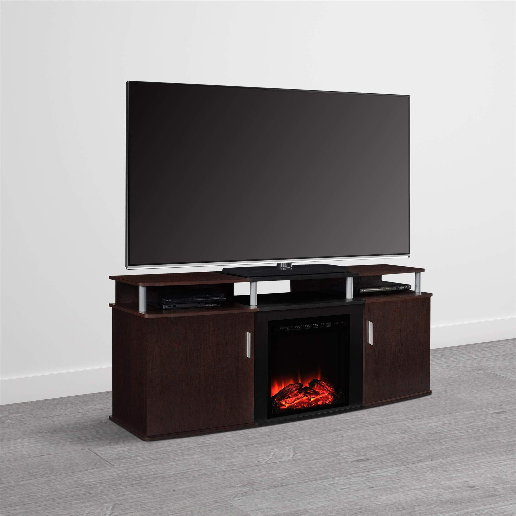 Ameriwood Home Carson Fireplace TV Stand for TVs up to 70 Inch, Replaceable Electric Fireplace Insert Heater, Realistic Log and Flame Effect, for Living Room or Bedroom, Cherry