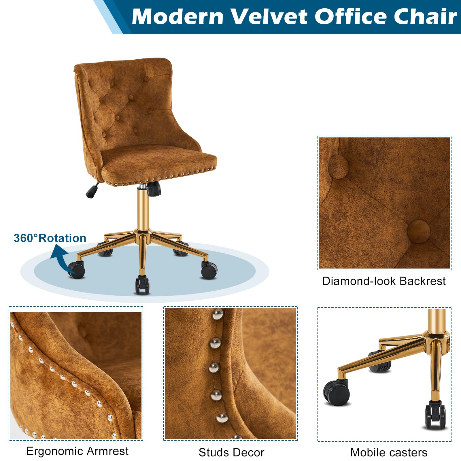 VINGLI Mustard Velvet Armless Home Office Desk Chair with Gold Base/Wheels, Small Cute Vanity/Makeup Chair with Back for Bedroom, Upholstered Adjustable Rolling Swivel Nail Chair for Women/Girls