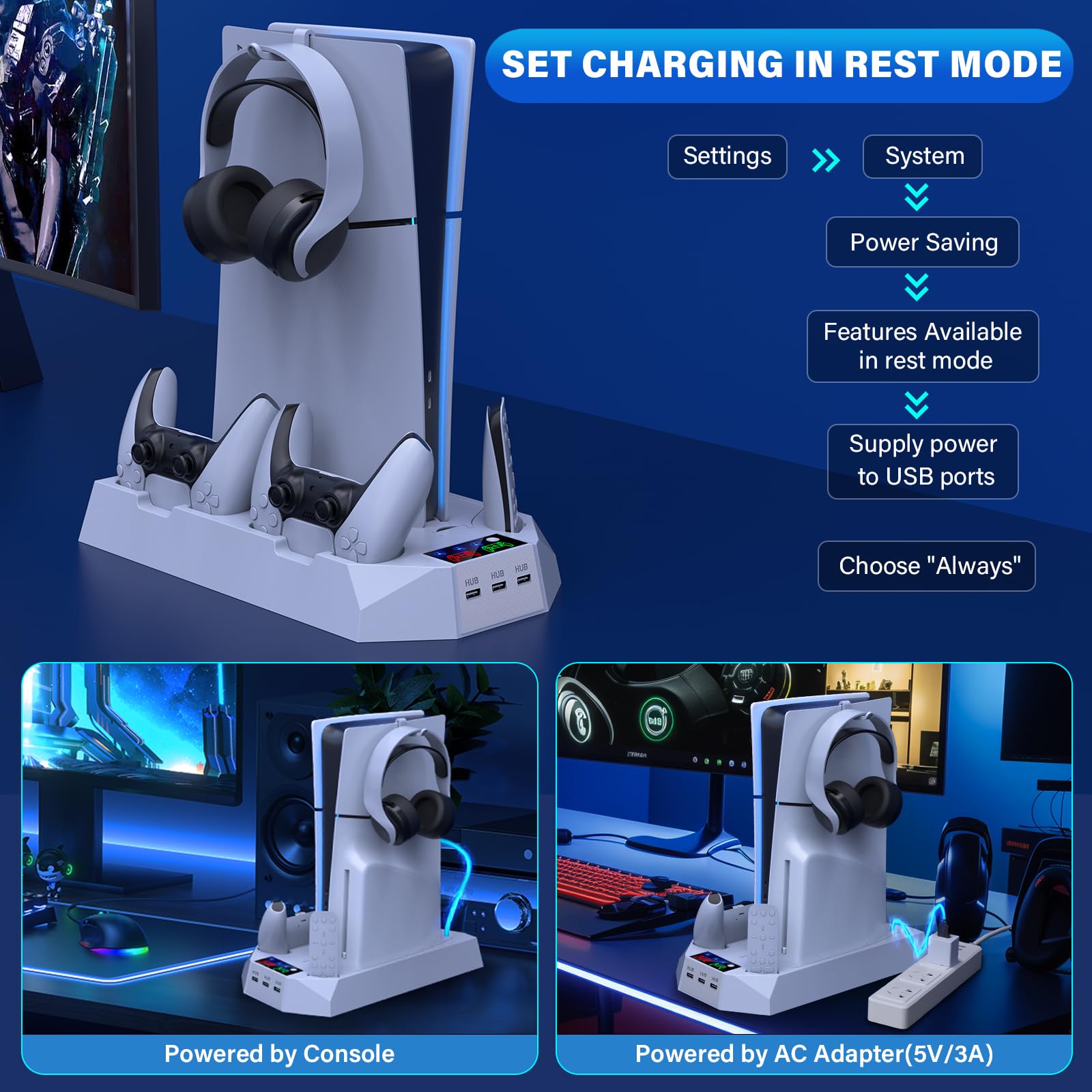 PS5/Slim/Pro Cooling Station for PlayStation 5 Console Disc/Digital Edition - PS5 Slim Pro Cooling Stand with Controller Charging Station Accessories-Cooler Fan/Headset Holder/3 USB Hub, White