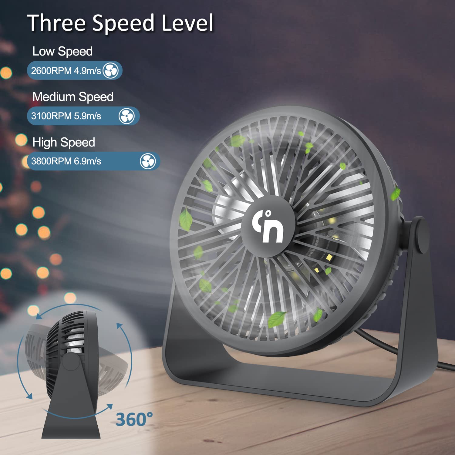 GagetElec USB Desk Fan with LED Night Lights,3 Speeds Cooling Small Fan,360°Rotation Strong Wind Table Fan,Quiet Mini USB Fan for Home Office Outdoor Travel 5.3 Inch (T5-01)