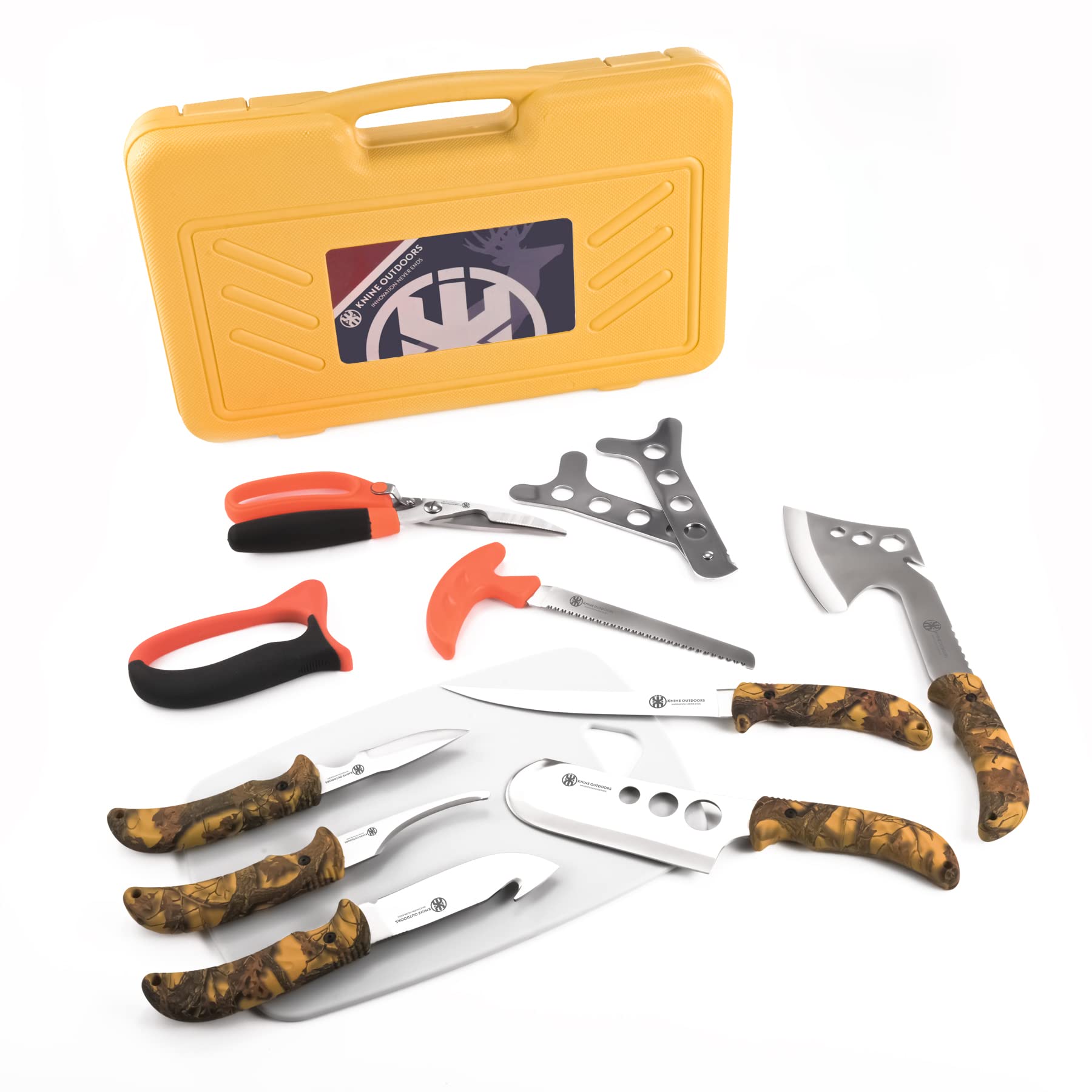 KNINE OUTDOORS Hunting Deer Knife Set Yellow Handle Field Dressing Kit Portable Butcher Game Processor Set, 12 Pieces