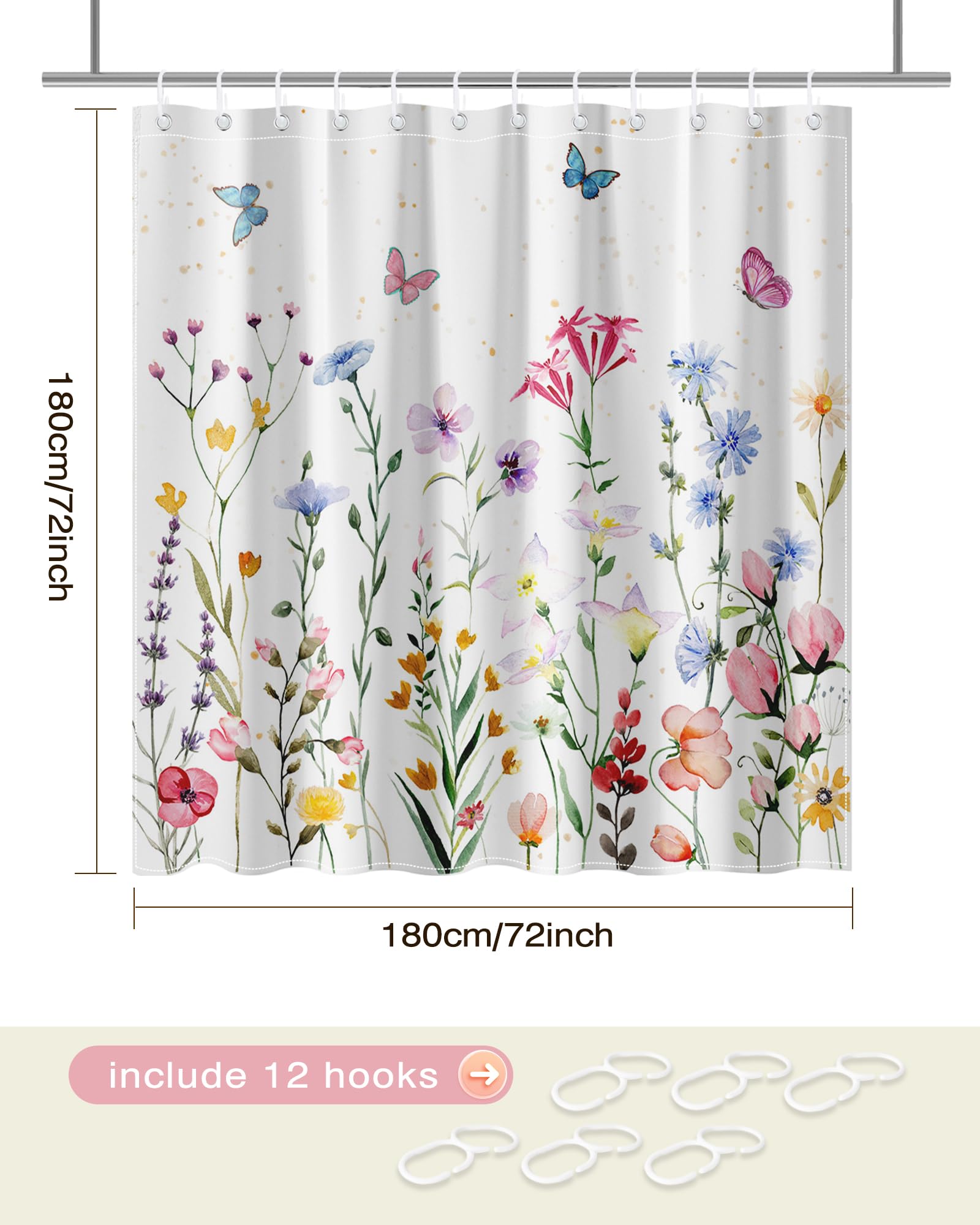 Lindameler Floral Butterfly Shower Curtain Set Colorful Flower Shower Curtain for Bathroom Waterproof Spring Fabric Shower Curtain with 12 Hooks 72x72 Inches