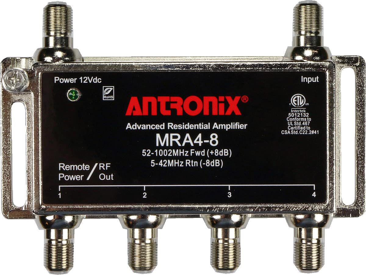 Reliable Cable 4-Port Cable TV/Antenna/HDTV/Internet Digital Signal Amplifier/Booster/Splitter with Passive Return, Black Coax Power Cable, F59 Terminators (Antronix MRA4-8)