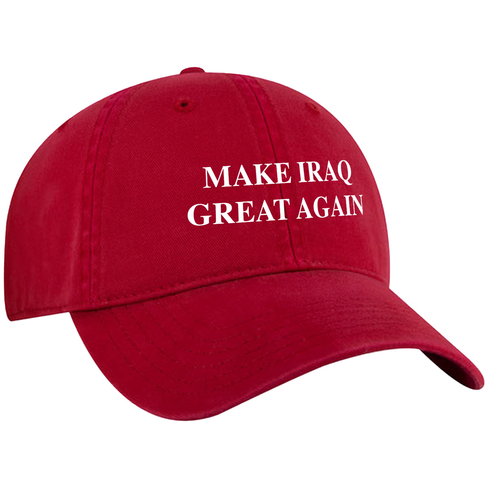 Make Iraq Great Again Hat - Red Washed Cotton Polo Style Dad Cap - Bold White Print Statement Headwear