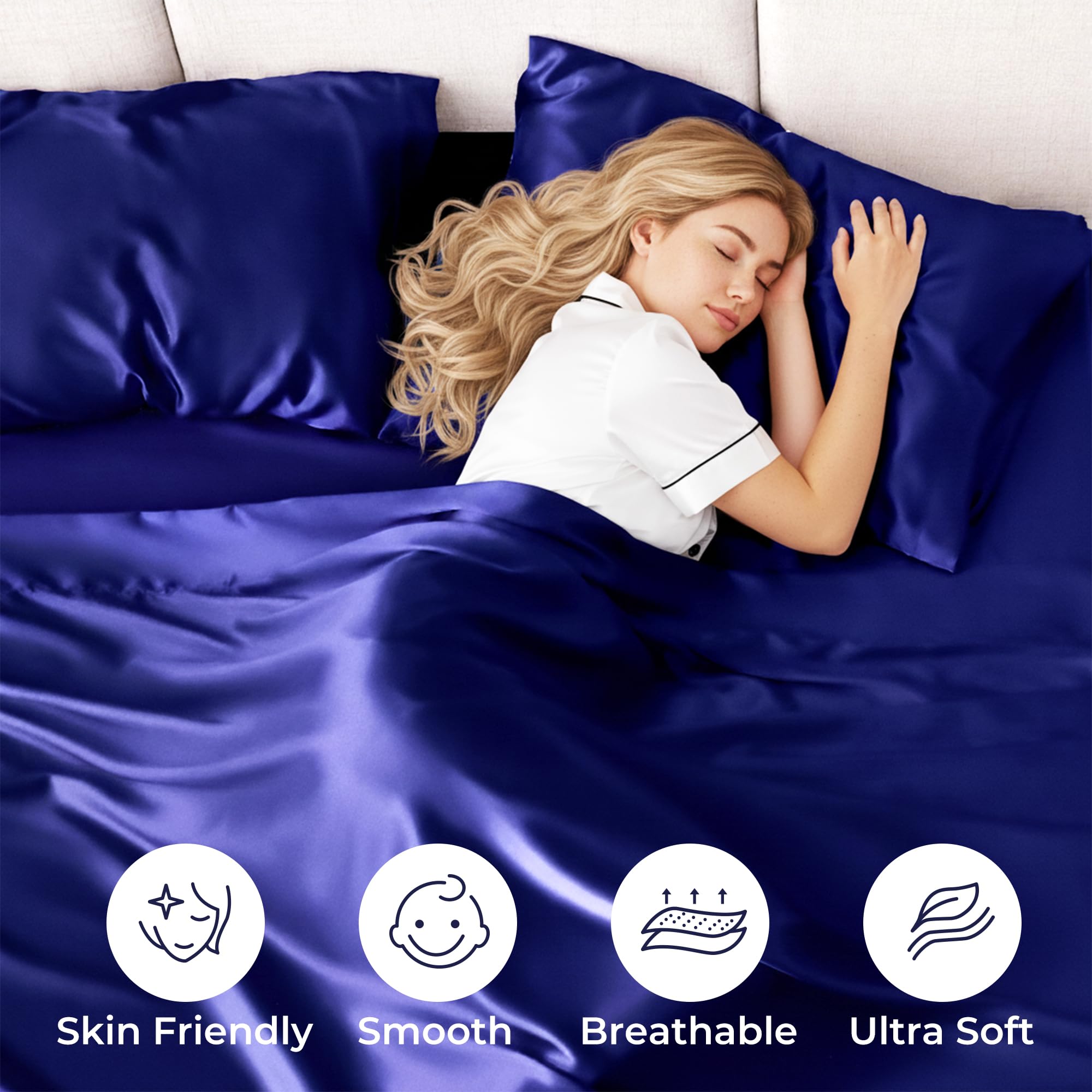 Seasonwood Twin Size Sheet Set Satin Sheets Navy Blue Microfiber Silk Bed Set of 3 with 1 Pillowcase