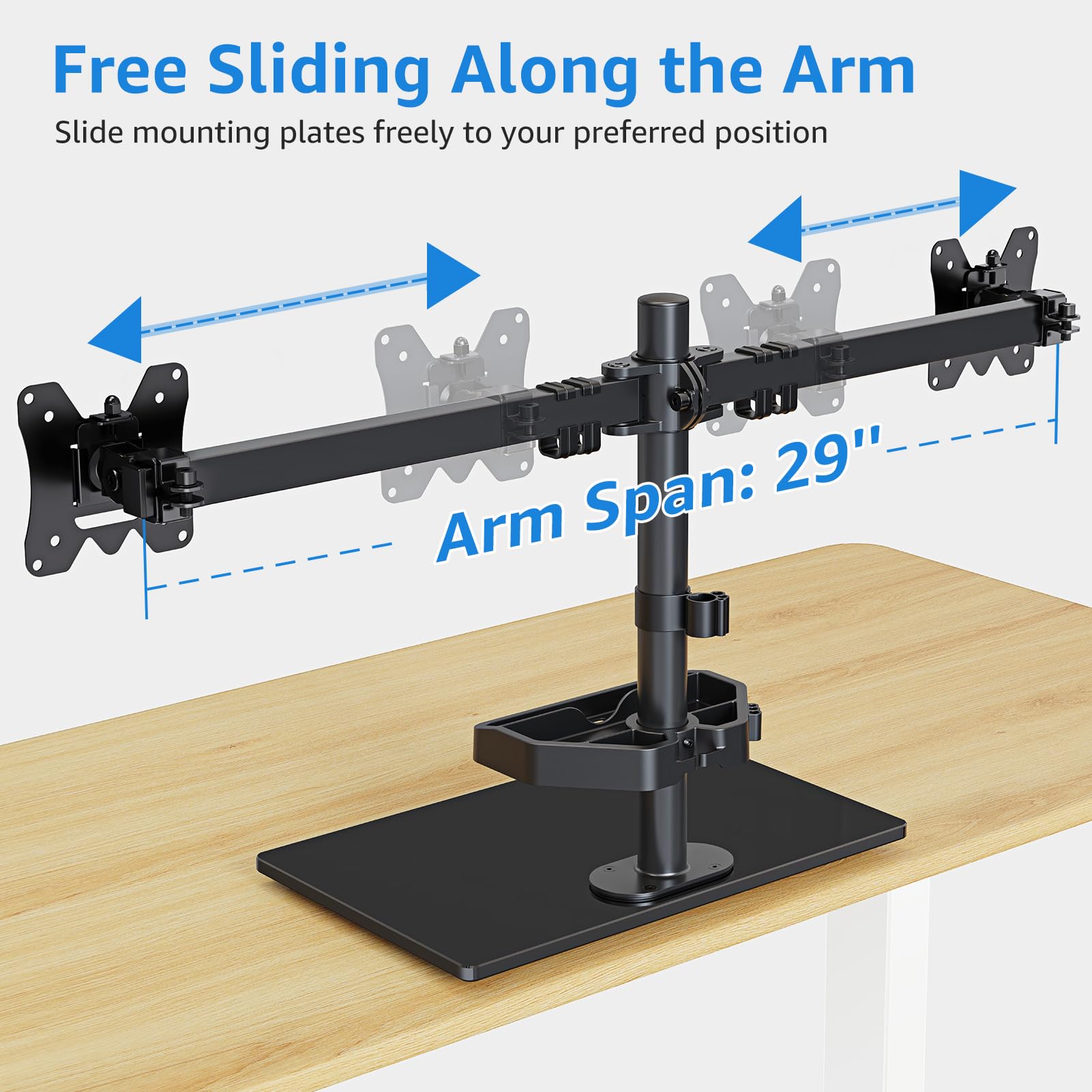 MOUNTUP Dual Monitor Stand, Free Standing Monitor Desk Mount for 2 Screens fits 13-27 inch, Holds Max 17.6 lbs, Computer Monitor Arms with Tempered Glass Base & Storage Tray VESA 75x75 &100x100mm