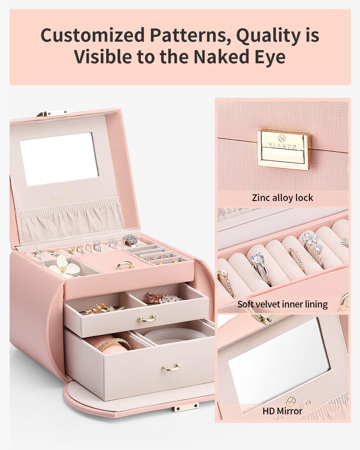 Vlando Princess Style Jewelry Box for Girls Jewelry Box Girls 12-14 3-Layer Kids Jewelry Box with Mirror Little Girls Jewelry Box 8-12 Valentines Day Gift for Teens Girls (Pink)