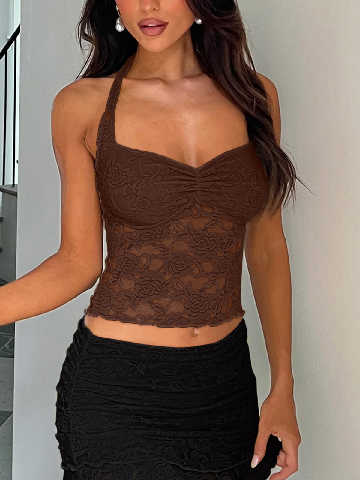 REORIA Womens Summer Sexy Lace Halter Tank Tops Sleeveless Y2K Trendy Crop Top Going Out Shirts 2025 Fashion Coffee Small