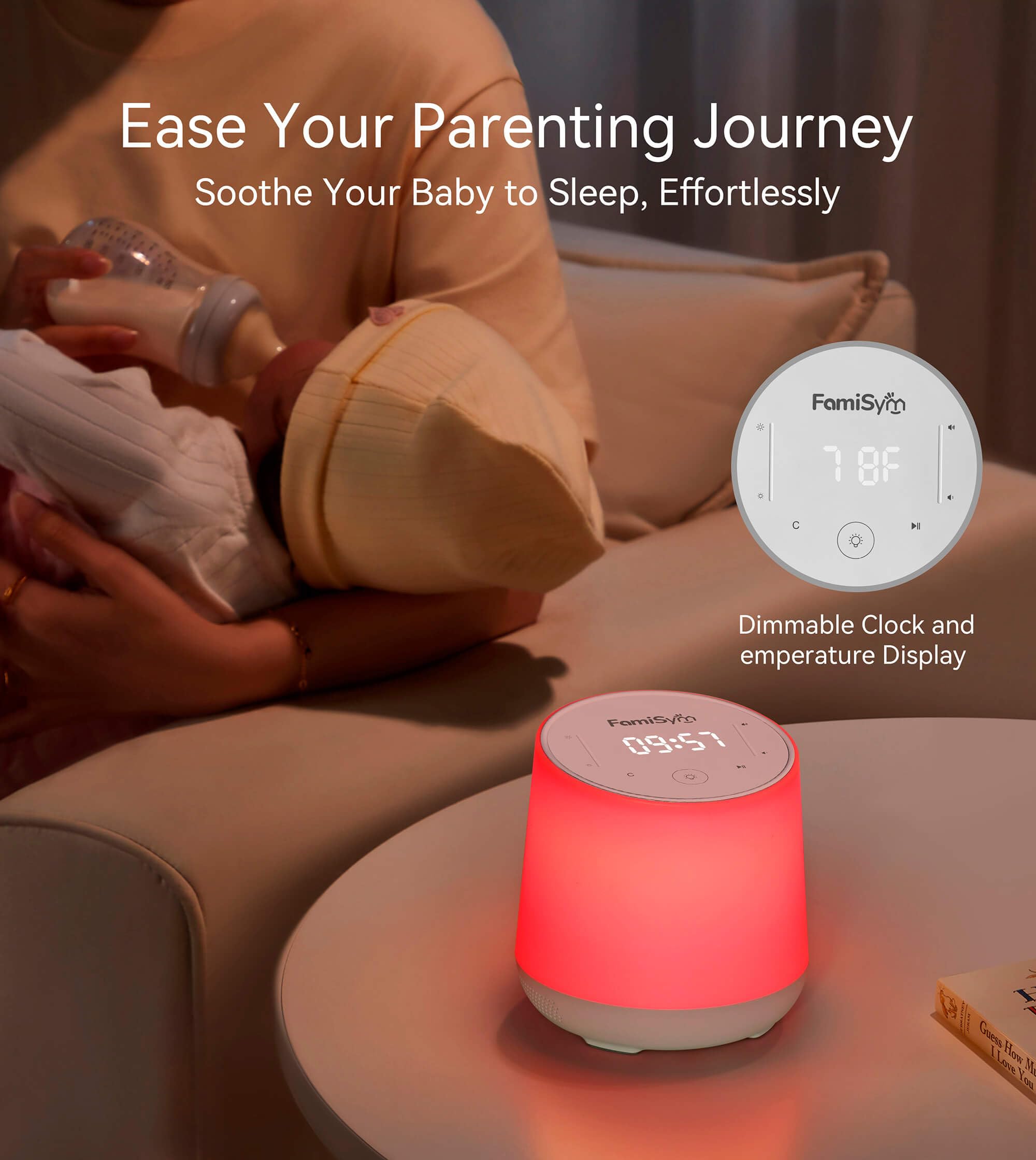 FamiSym White Noise Sound Machine for Baby Kids, Nursery Night Light, Alarm Clock, Dimmable Clock & Temperature Display, 34 Soothing Sounds, Toddler Sleep Trainer, Baby Sound Machine for Sleeping