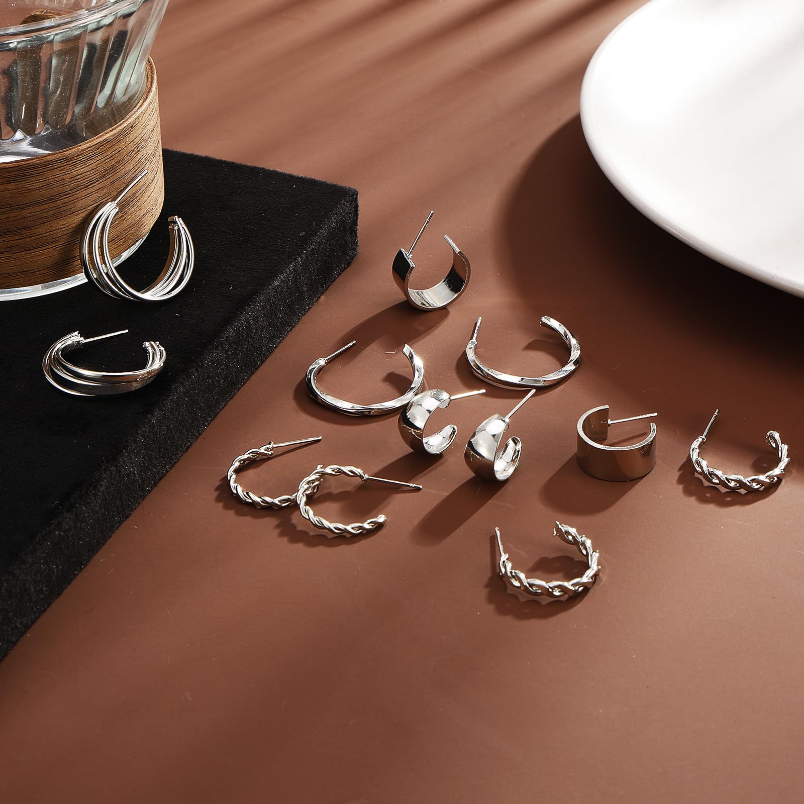 IFKM 24 Pairs Silver Hoop Earrings Set For Women Girls Hypoallergenic Chunky Chain Twisted Open Hoops Dangle Earring Packs For Birthday Party Christmas Fashion Jewelry Gift…