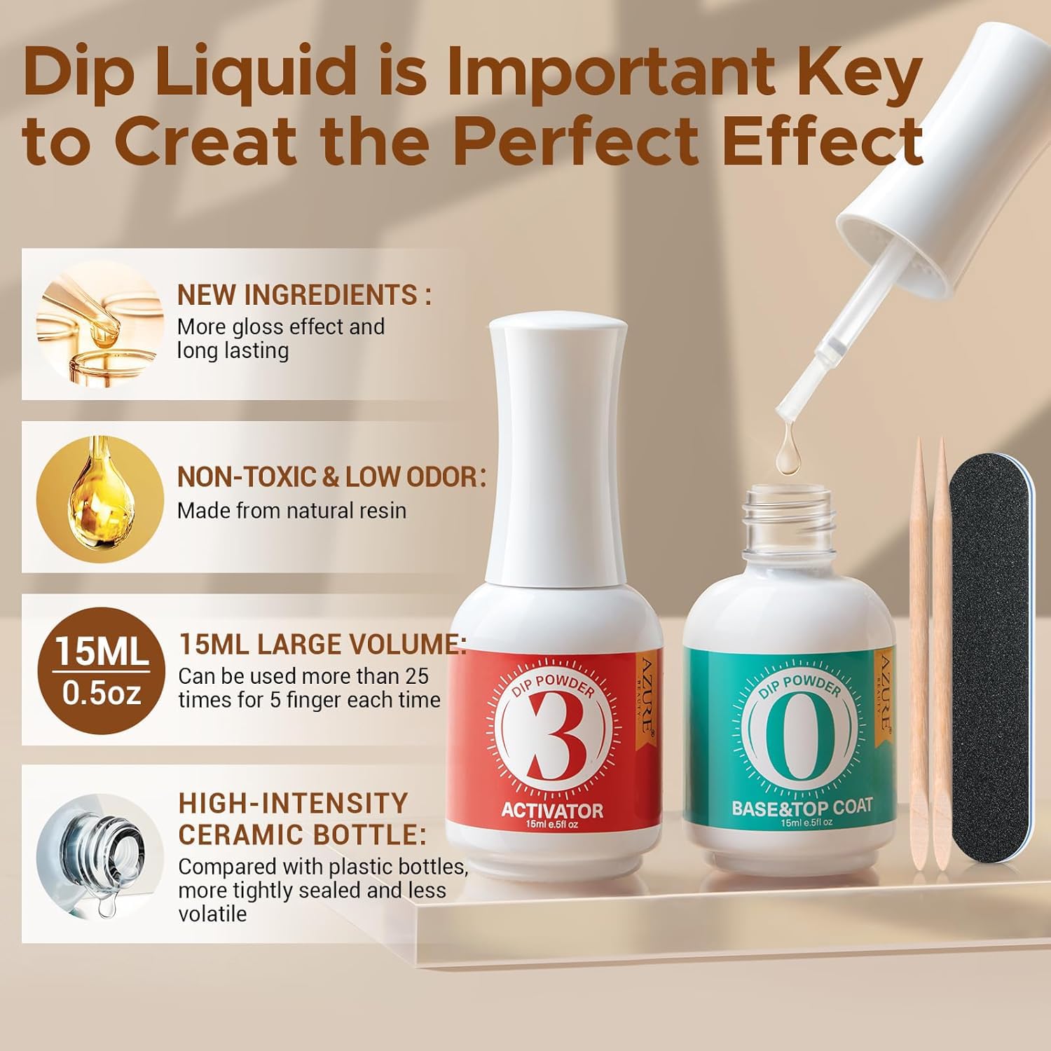 AZUREBEAUTY 2 Combined into1 Dip Powder Base & Top Coat with Activator, 0.5oz/Bottle, Fast Drying, No Lamp Needed, for Nail Kit