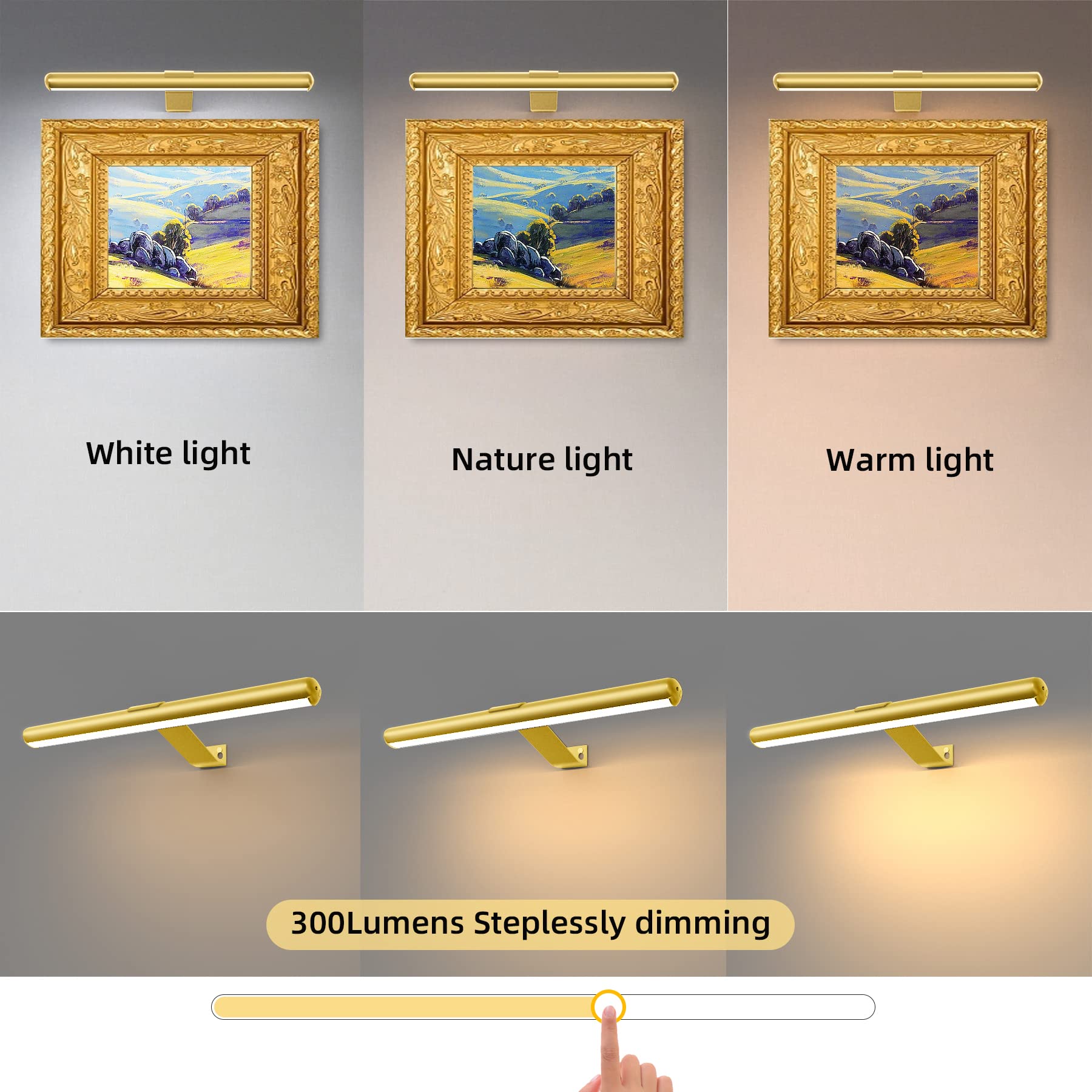 Battery Picture Lights 16.5inch-2PACK ,Wireless Rechargeable Painting Light for Art with Remote,Full Metal Led Picture Lights Dimmable Wall Light for Portraits,Dartboard,Gallery-Gold with Patent