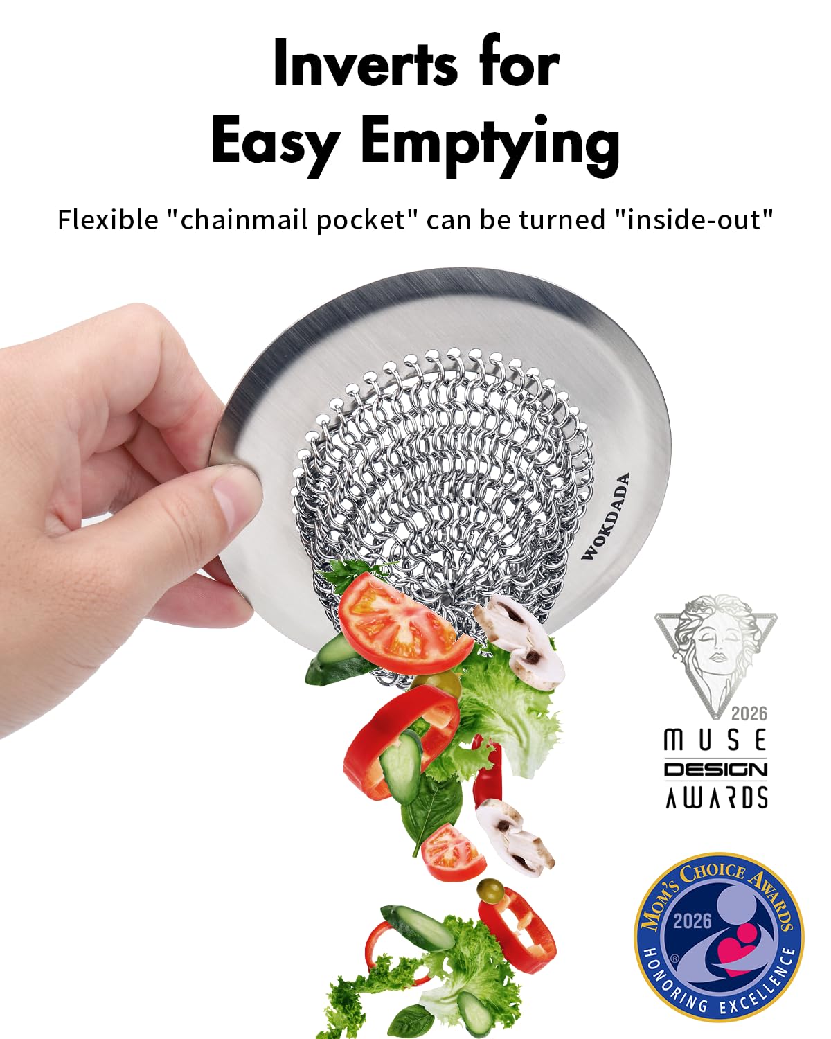 Wokdada Revolutionary Kitchen Sink Drain Strainer/Patented Reversible Chain Mesh, Effortless Cleaning & Debris Catcher, Large Capacity, No Clog, 304 Stainless Steel & Rust-Proof/Handmade