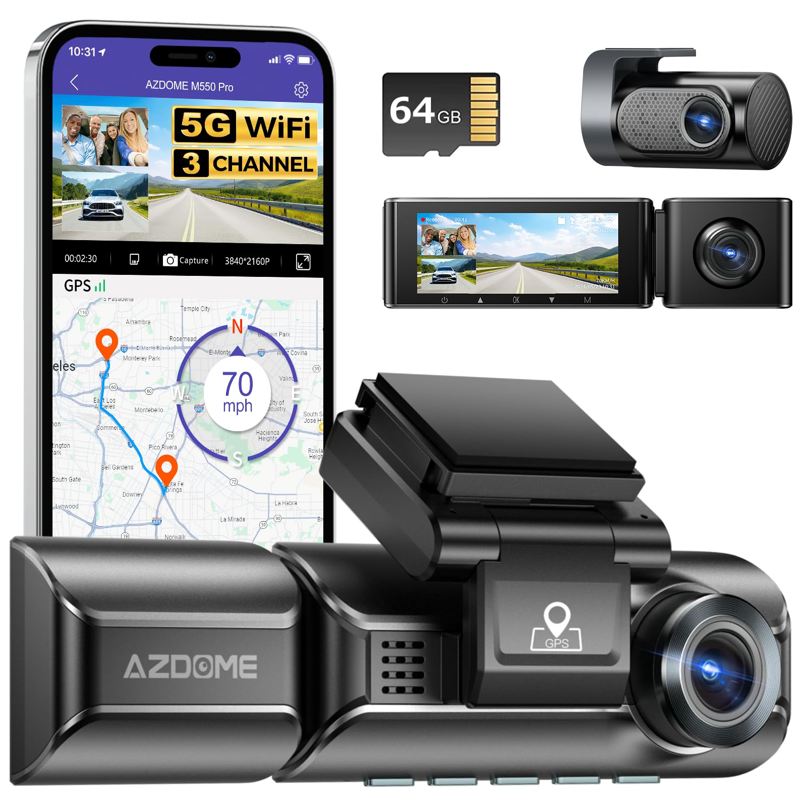 AZDOME M550 Pro 5G WiFi 3 Channel Dash Cam Built-in GPS, 4K+1080P Dual Dash Camera for Cars with 64GB Card, 1440P+1080P+1080P Front and Rear Inside, 3.19" IPS Screen, IR Night Vision, 24H Parking Mode