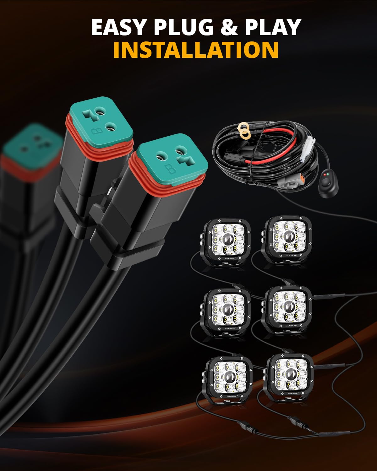 Auxbeam Led Pods Led Offroad Light Wiring Harness Kit 6 Leads, On Off Waterproof Switch Heavy Duty 12V Power Relay, Extension Wiring Harness 40A Blade Fuse 2PIN DT Plug