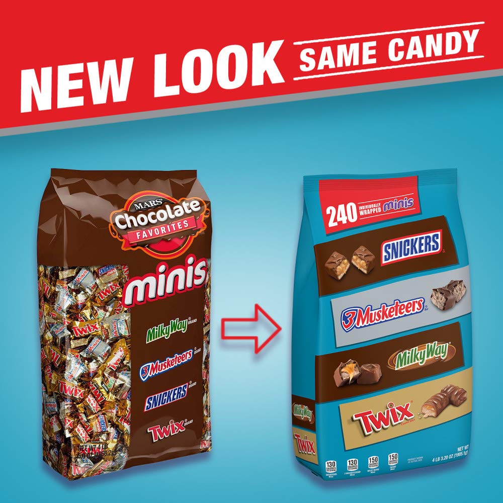 SNICKERS, TWIX, 3 MUSKETEERS & MILKY WAY Individually Wrapped Variety Pack Minis Chocolate Candy Bars Bulk Assortment, 67.2 oz Bag