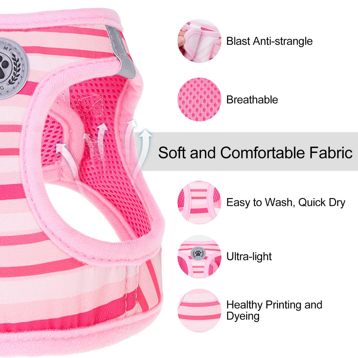 BEAUTYZOO Dog Harness and Leash Set for Small Dogs,No Pull Step-in Harness for Puppy XS S Sized Dogs and Cats,Air Mesh Adjustable Breathable Soft No Chock Escape Proof Vest Harnesses,Striped Pink XXS