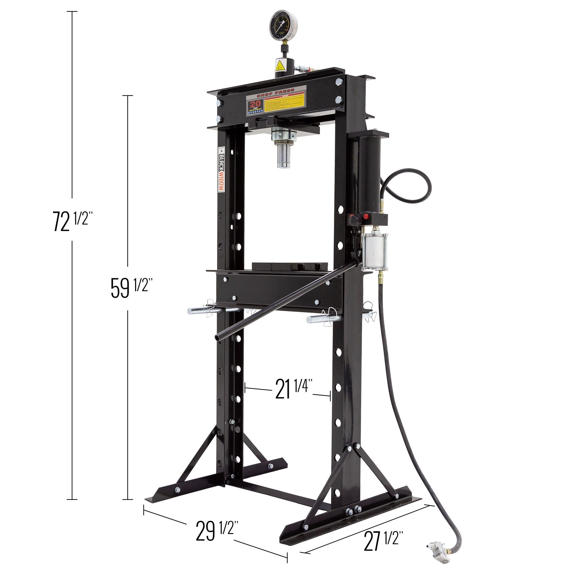 Black Widow 20 Ton Air-Operated Steel H-Frame Garage Adjustable Shop Press with Plates and Pressure Gauge 20T