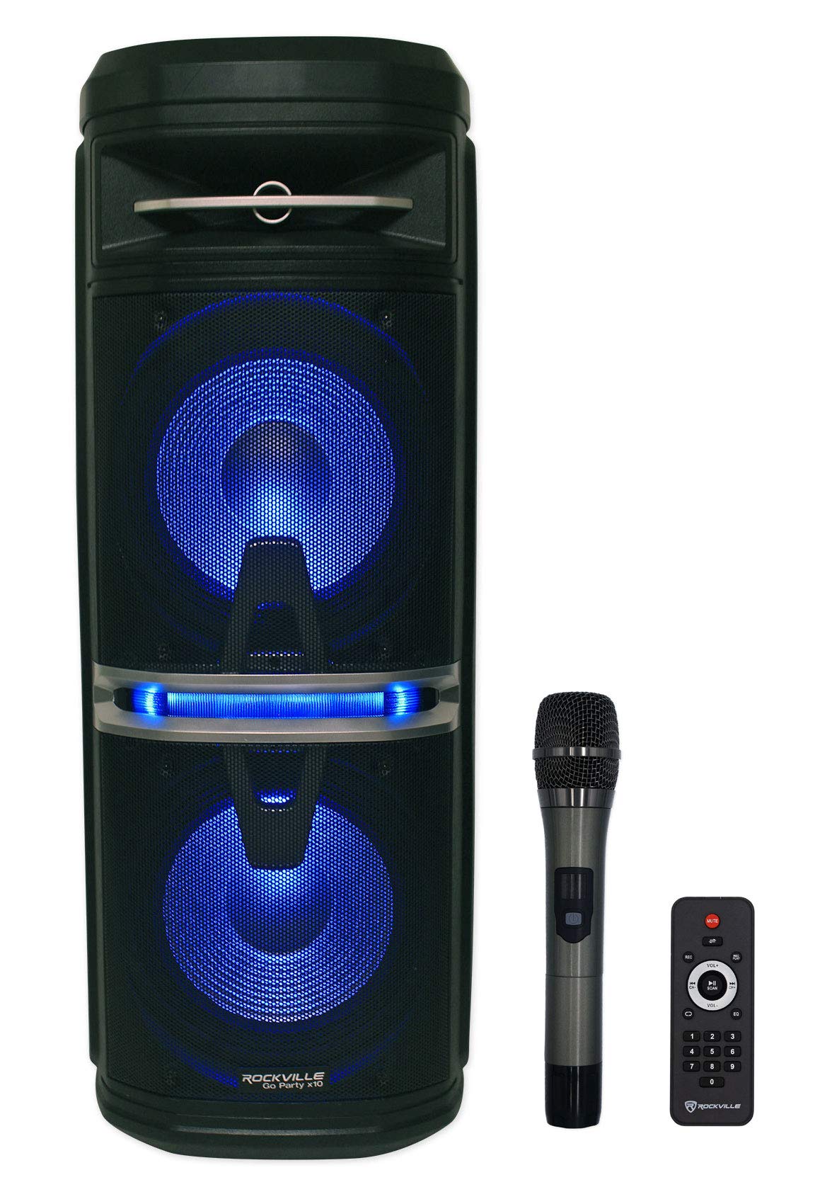 Rockville Go Party X10 Dual 10" 1000W Battery Powered Bluetooth Speaker, UHF Mic, True Wireless Stereo (TWS) Linking, LED Lights, for Parties and DJs