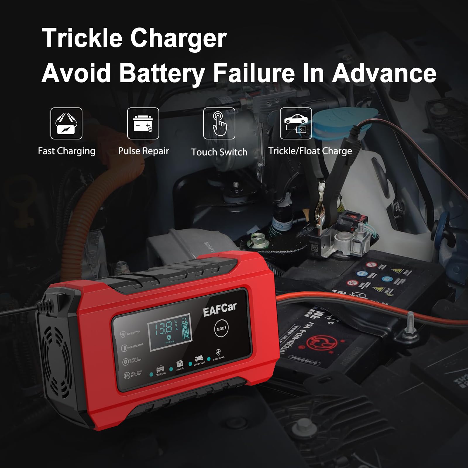 EAFCar 12V 6A Car Battery Charger, Trickle Charger and Maintainer, Smart Fully Automatic Battery Charger w/Temperature Compensation for Lead Acid Battery Charging and Maintenance