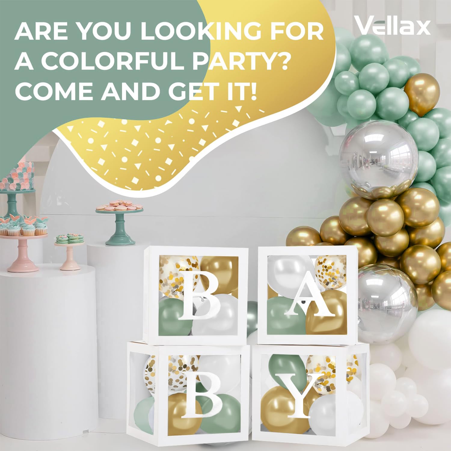 Balloon Garland Arch Kit Sage Green, White, Metallic Gold & Confetti Balloons & White Boxes with Sage-Green, Gold, Gold Confetti, and White Balloons