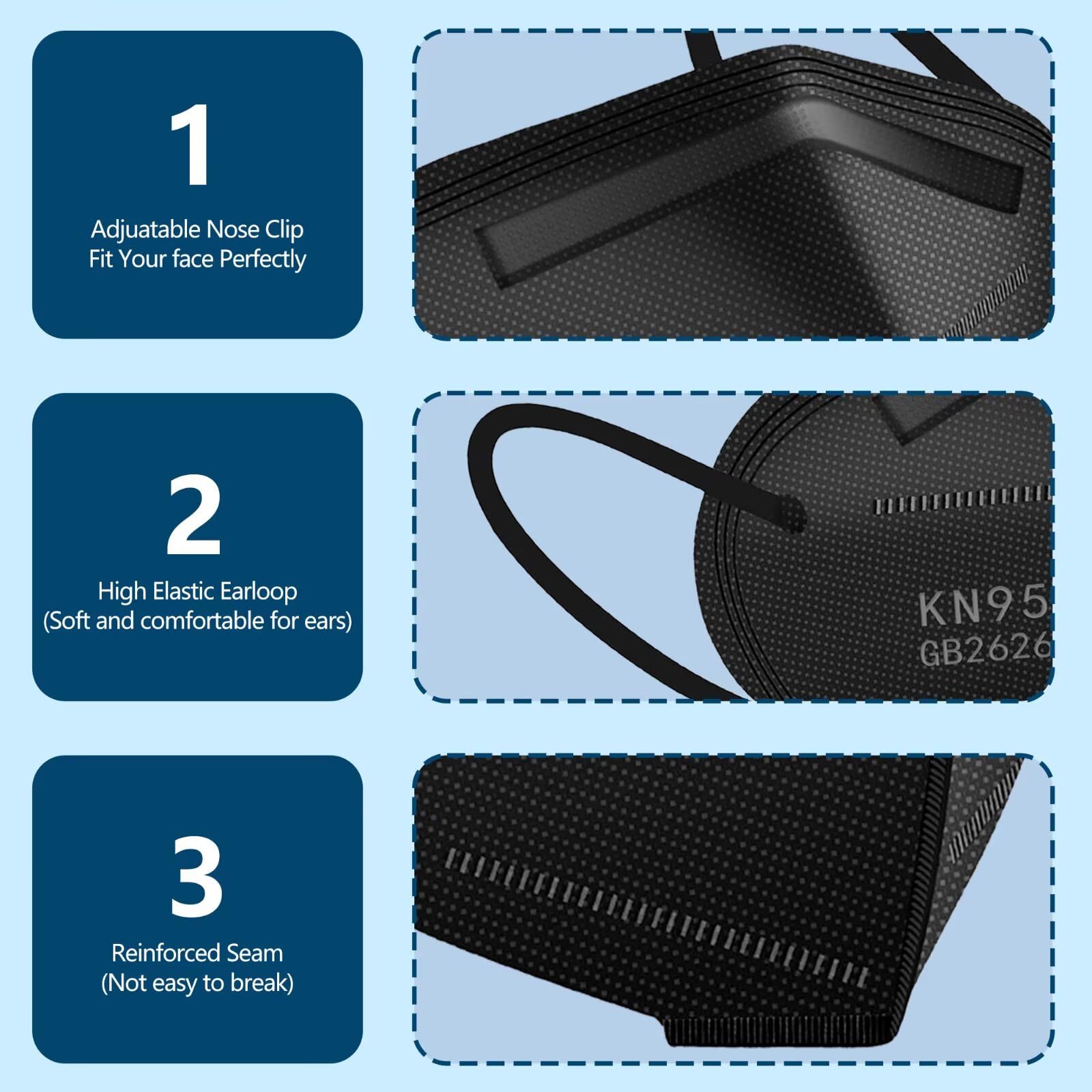 SDIW 50PCS KN95 Face Masks Black 5 Layer Cup Dust Safety Filter Efficiency≥95% with Elastic Ear Loops and Nose Bridge Clip Breathable Mask
