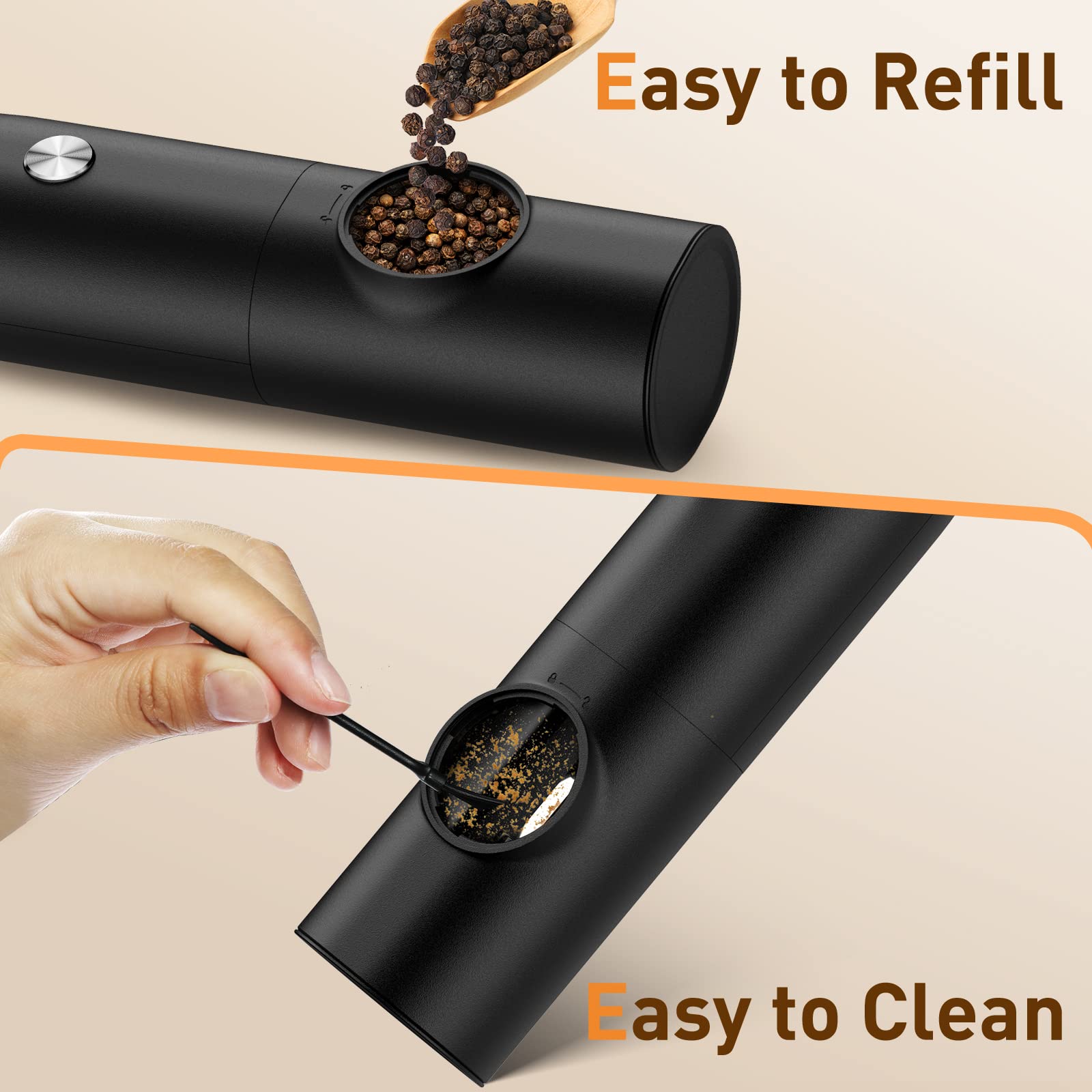 Electric Salt and Pepper Grinder Set, USB Rechargeable Kitchen Gadgets-Automatic Salt and Pepper Mill with Adjustable Coarseness, One-Hand Operation Built-in LED Light, Type-C Charging - 2 Pack