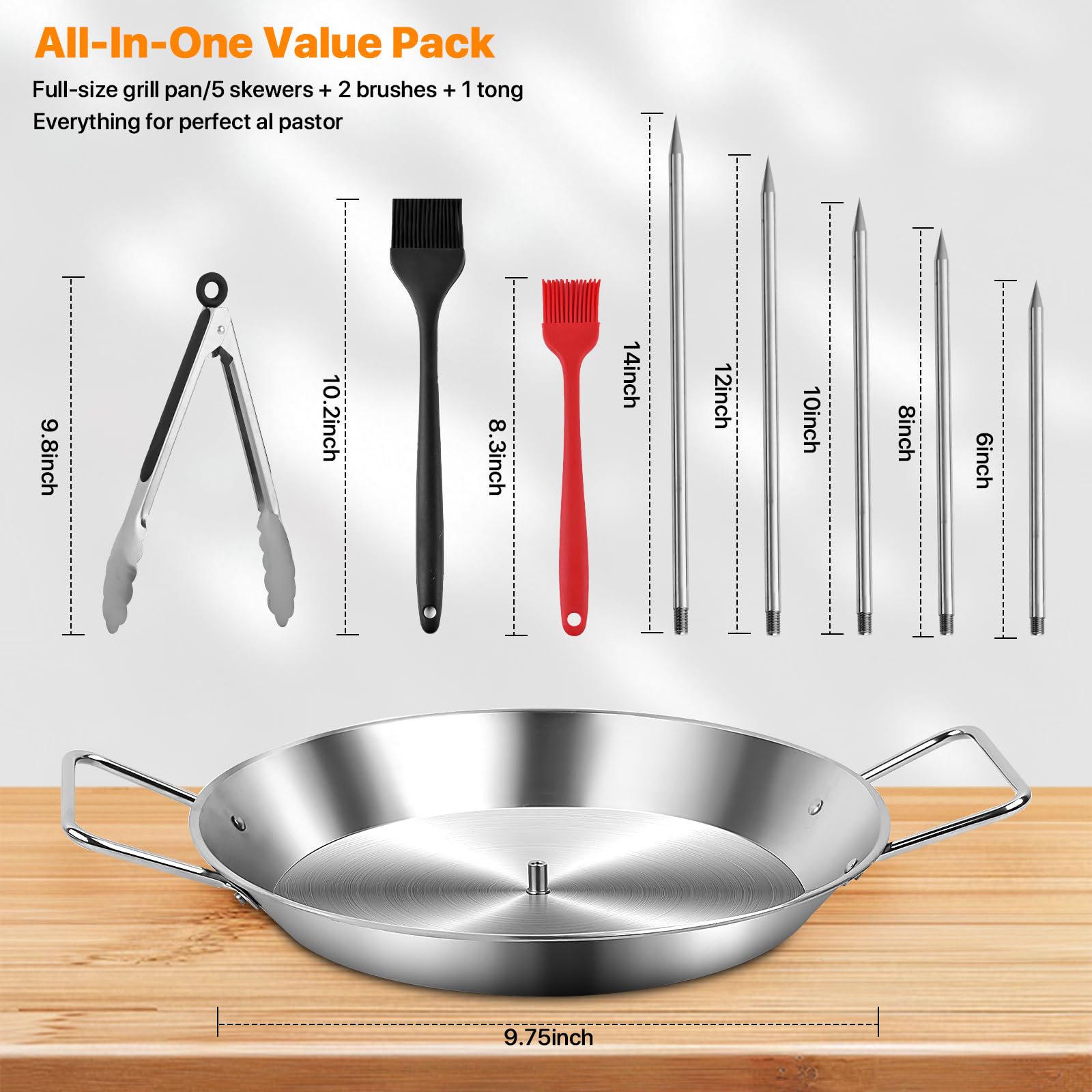 Stainless Steel Shawarma Pan for Oven & Grill - Vertical Skewer with Gyro Plate & 5 Spikes (6"-14") in Middle - Al Pastor Rotisserie for Tacos, Chicken, Pork - Gyro Cooking Pan, Roasting Skewer Stand.