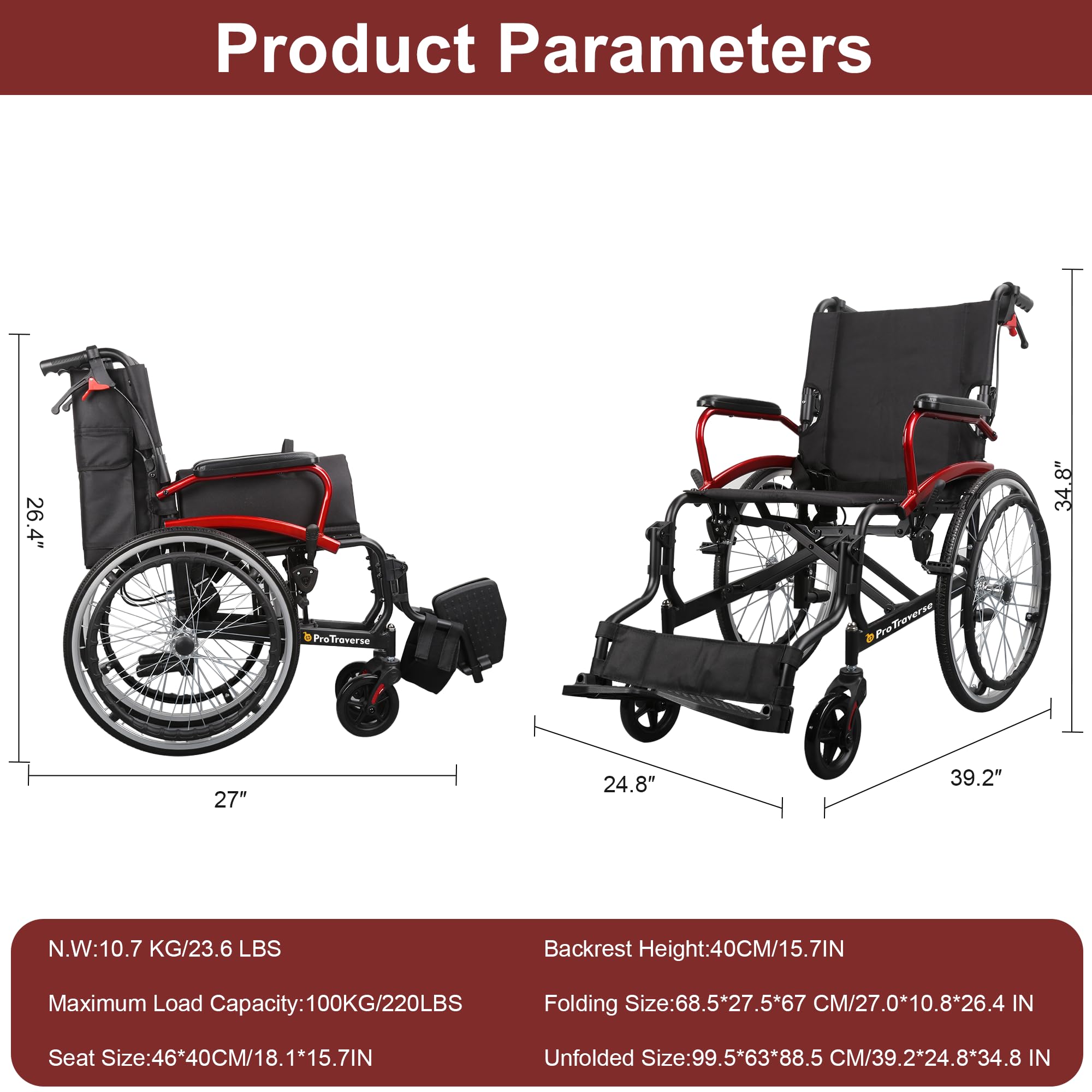 ProTraverse Wheelchairs for Adults,self-propelled Transport Chair,Foldable and Portable Travel Wheelchair with Swing-Away Footrests,Lightweight Transfer Wheelchairs for Adults adnd Seniors(Red)