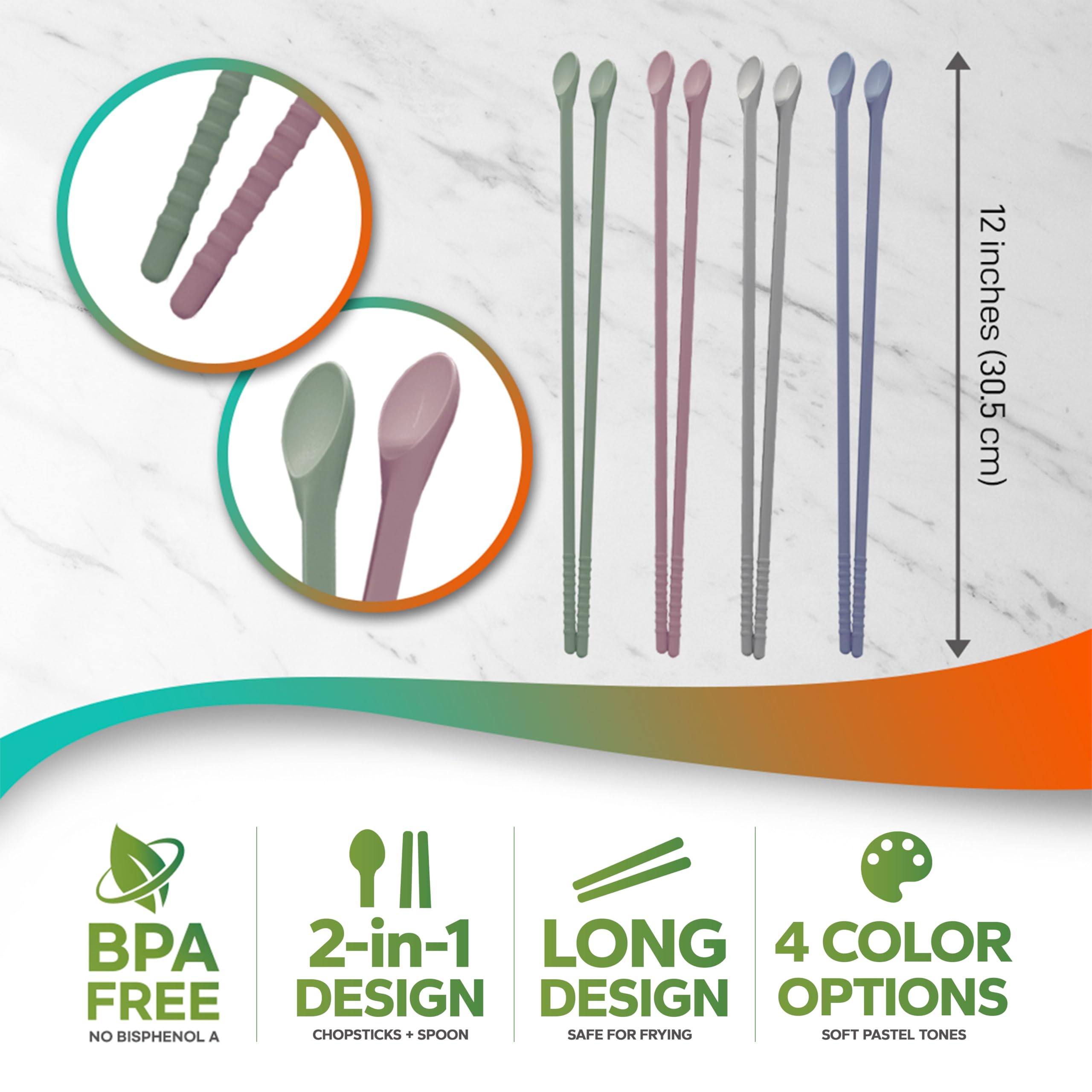 RECOHOME Reusable Long Silicone Cooking Chopsticks with Spoon 12 Inches 1 Pair, Dishwasher Safe, BPA-free Non-Slip, Non-Scratch, Korea Japanese Kitchen Utensils (Pastel Grey, 1Pair )