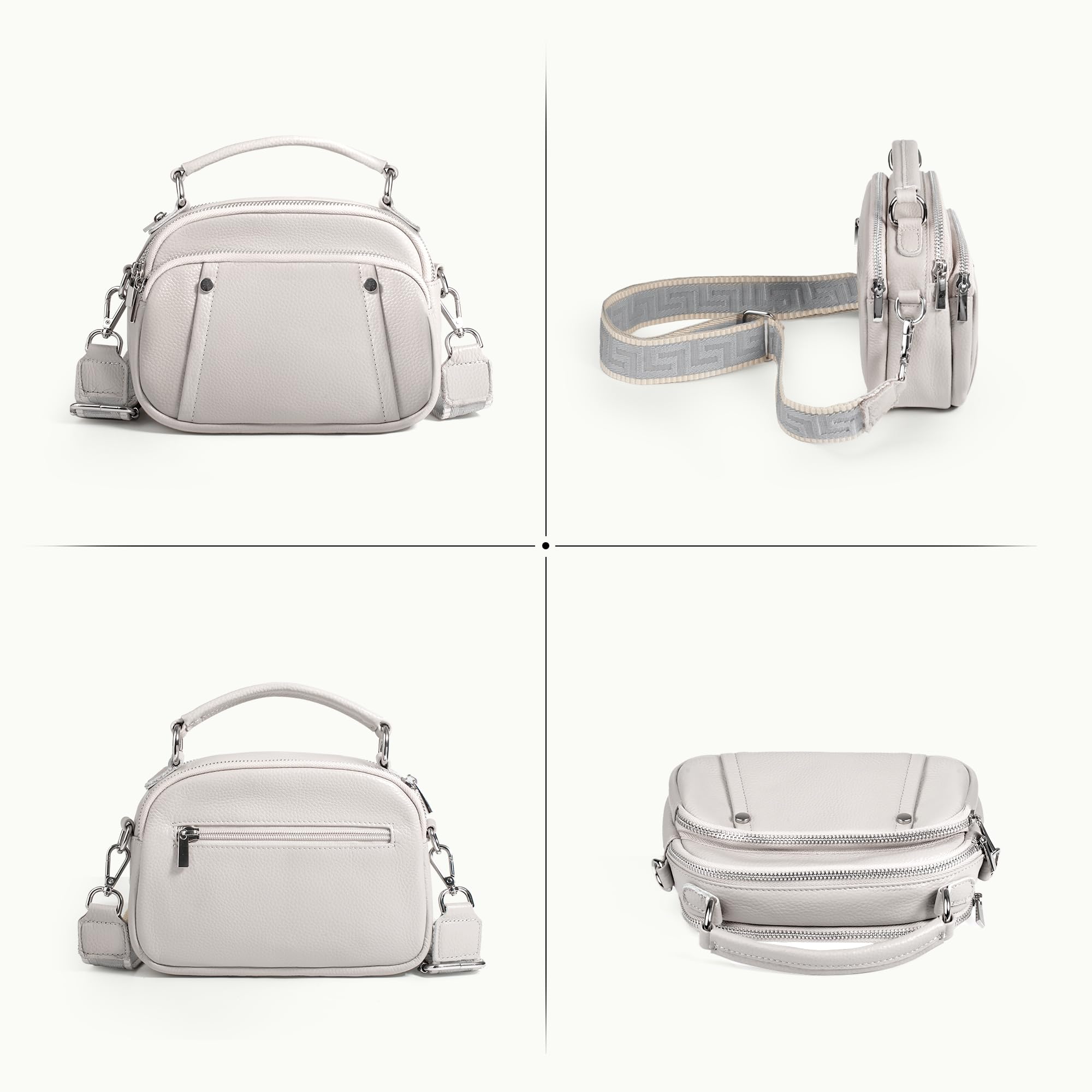 befen Genuine Leather Small Crossbody Purses Bag for Women, Women's Triple Zip Satchel Shoulder Bags Handbags with Wide Strap Beige Grey
