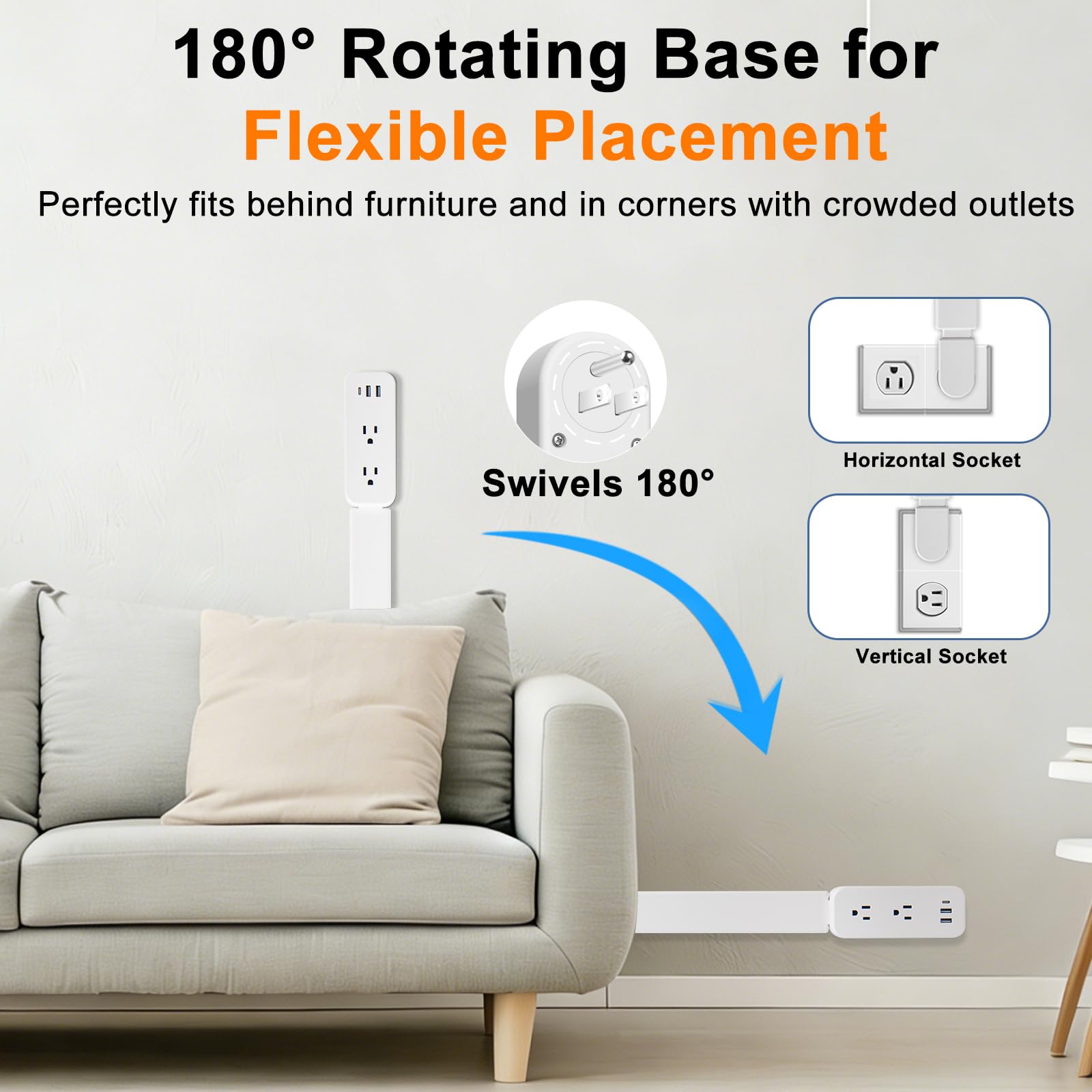 Electrical Outlet Extender Stick - Features USB-A, USB-C and 2 AC Outlets, Extends 22"-34", Rotates 180° Access Hard-to-Reach Outlets, Wall Plug Power Socket Expander Nightstands, Sofa, Desks and More