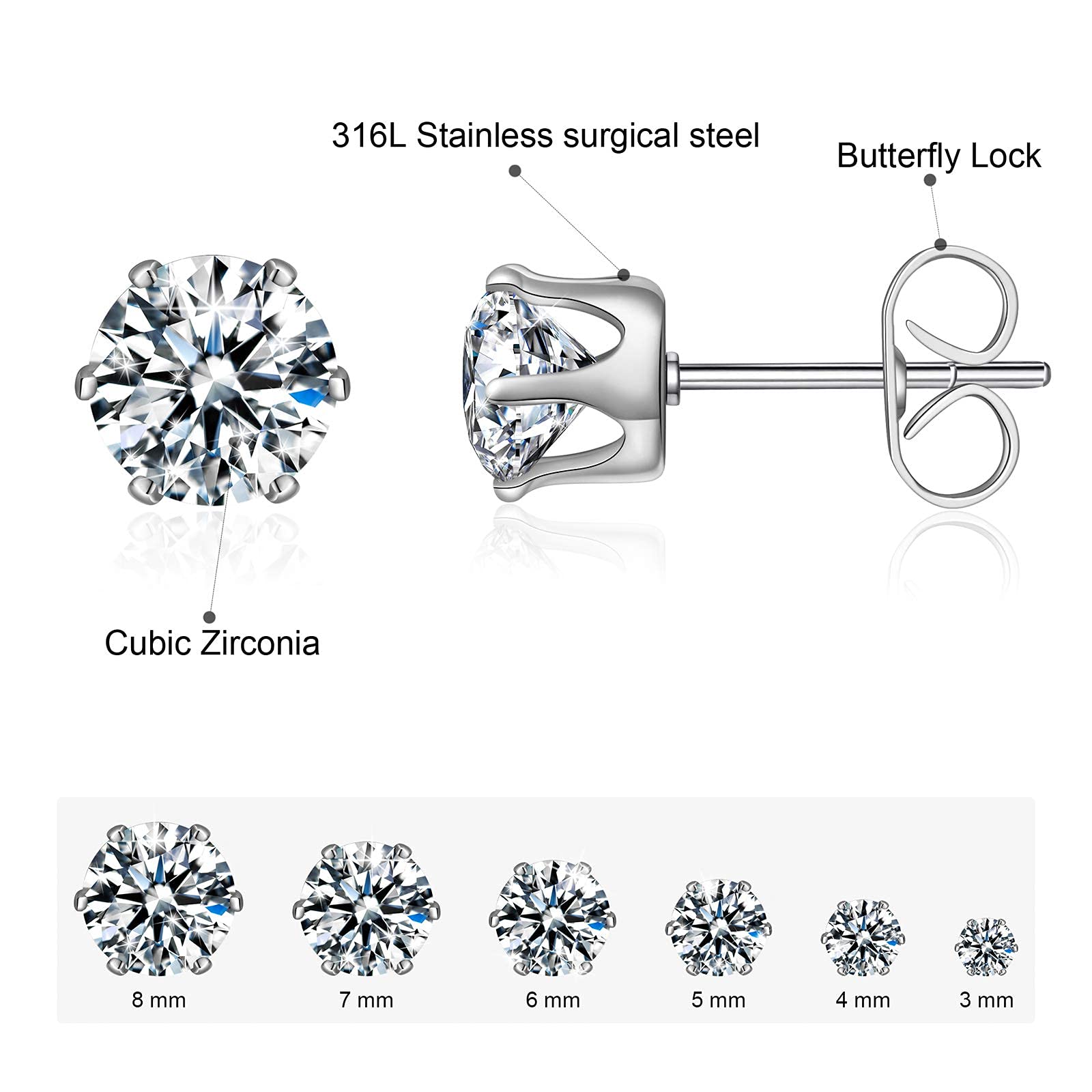 6 Pairs Stud Earrings Set,Clear Cubic Zirconia 316L Stainless Steel Earrings for Women for Men 3-8mm White Gold