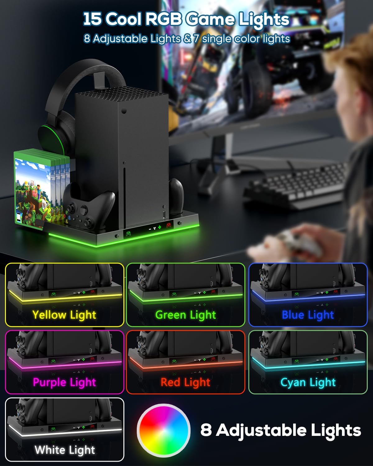 MENEEA Upgraded Cooling Fan Charging Station for Xbox Series X Console & Controller, Dual Charger Dock & Cooler System Stand with 15 Colorful Lights for Xbox Series X Accessories Kit