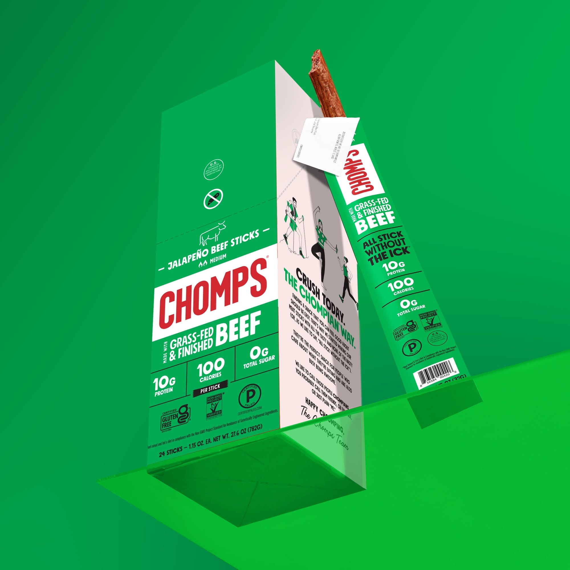 Chomps Grass-Fed and Finished Jalapeño Beef Jerky Snack Sticks 10-Pack - Keto, Paleo, Whole30, 10g Lean Meat Protein, Gluten-Free, Zero Sugar Food, Non-GMO