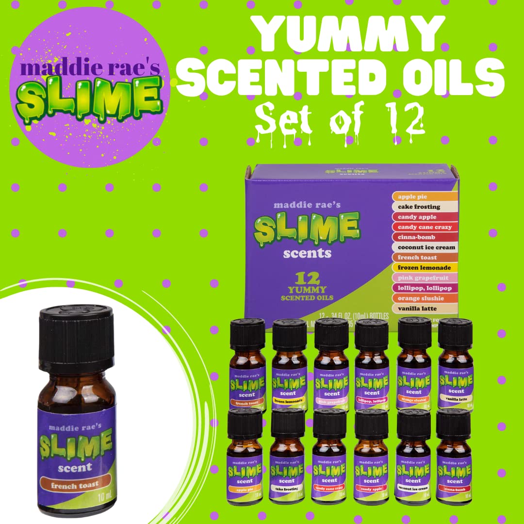 Maddie Rae's Slime Yummy Scented Oils (12 Pack) - X Large 10ml (.34 oz) Natural Food Fragrance Bottles for Diffusers, Aromatherapy, Essential Oil, DIY Candle & Soap Making, Crafts, Supplies, Gift
