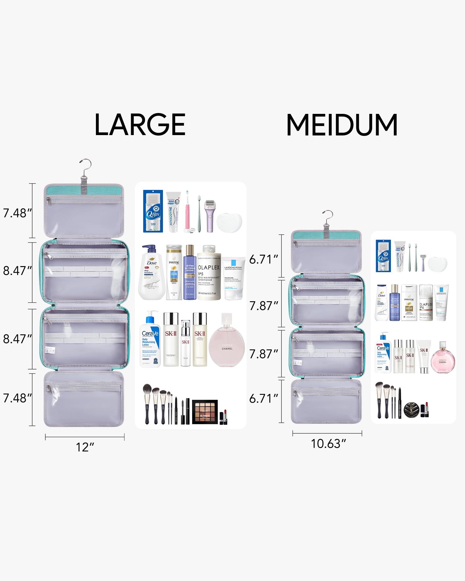 OlarHike Travel Toiletry Hanging Bag Waterproof, Makeup bag, Toiletries, Jewelry, Travel Essentials 3 in 1 Packing Organizers, Cosmetic Travel-Sized Container, Medium for Women Light Blue