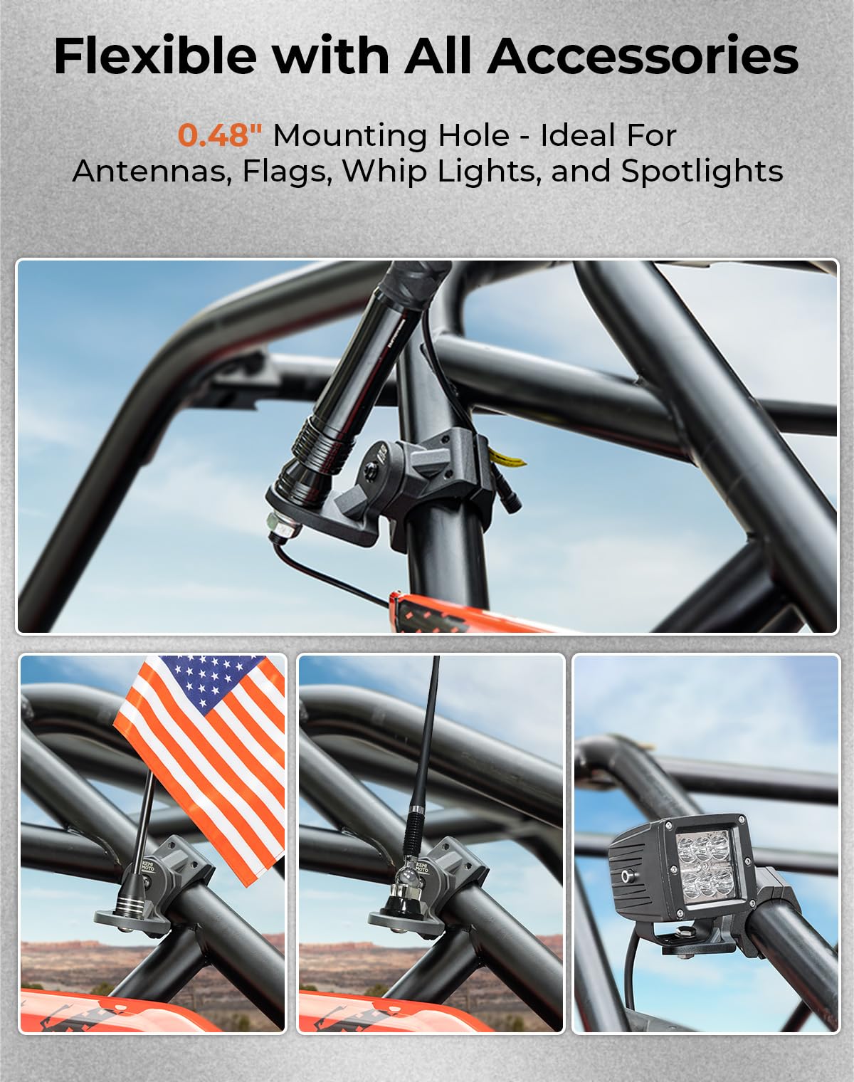 KEMIMOTO UTV Whip Mount Flag Whip Light Mount 2PCS, Heavy Duty Adjustable for 1.75-2 inch Roll Bar Cage, Compatible with RZR 900 1000 XP Pro Turbo Maverick Commander