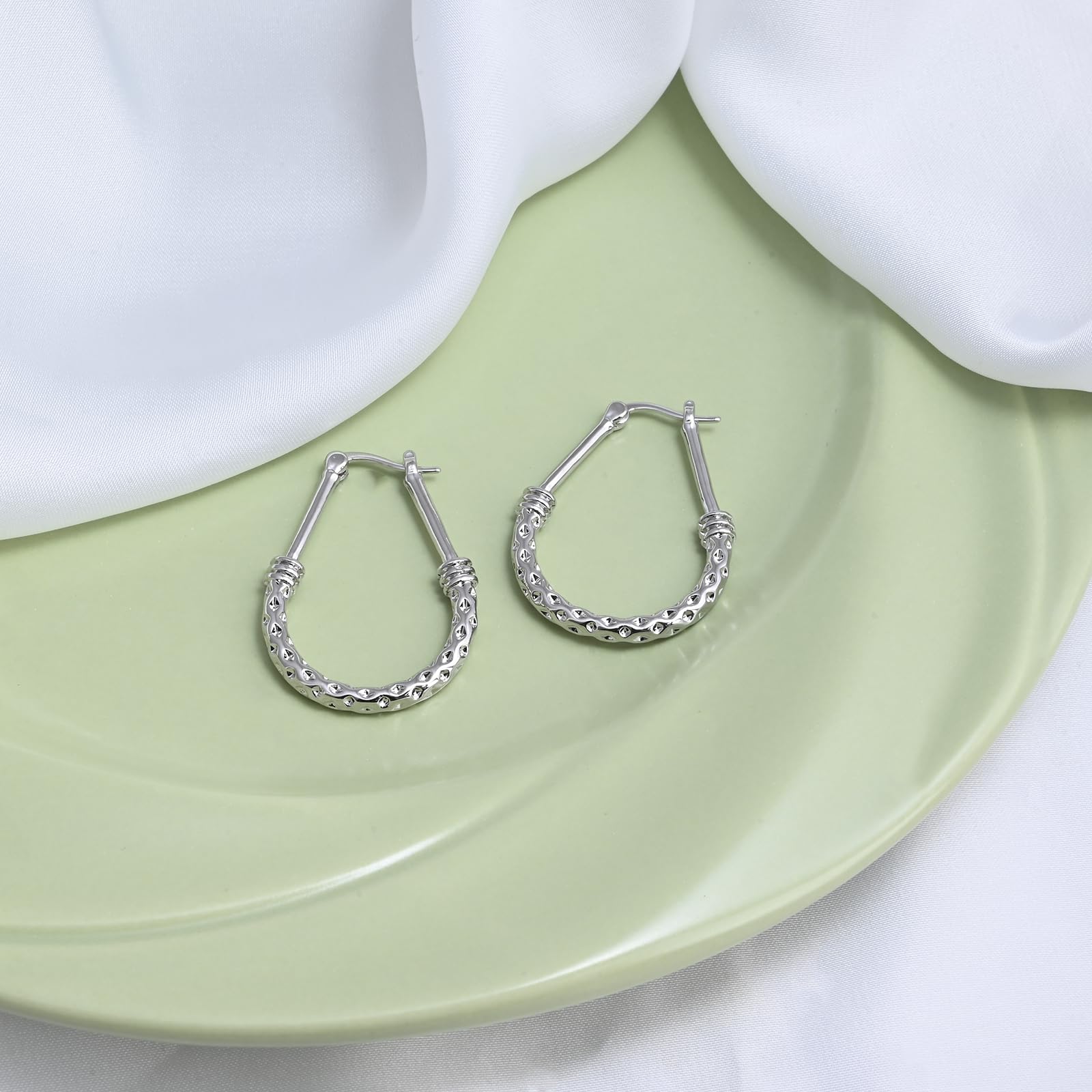 Oval Hoop Earrings S925 Sterling Silver Earrings Two-Tone Diamond-Cut Texture Italian Jewelry for Women Classic Hammer Silver Hoop Earrings for Women
