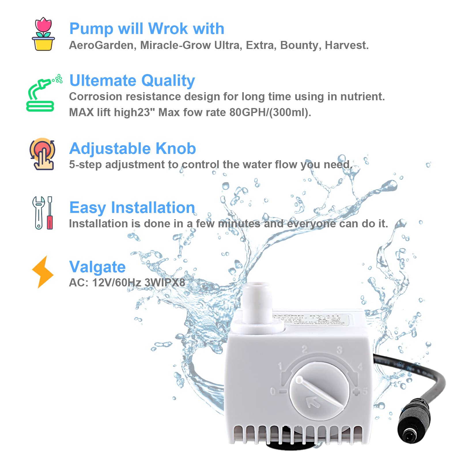 200623 Aero-Garden Pump with 10 Filters, Ultra Quiet Hydroponics Growing System Pump Fit for Harvest Elite, Bounty, Farm, Extra, Ultra