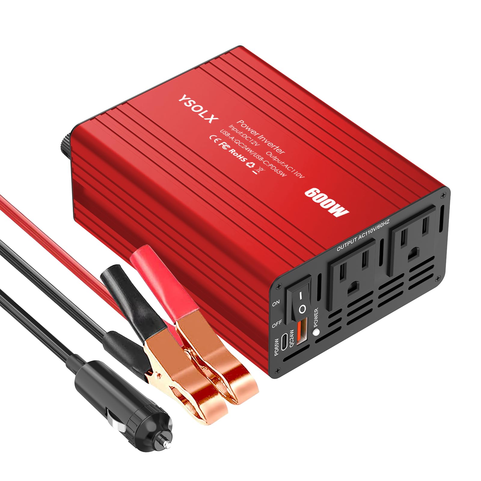 YSOLX 600W Power Inverter 12V to 110V, DC to AC Car Inverter with 65W USB-C/USB-Fast Charging(24W)/Dual AC Outlet,Fast Car Charger Adapter for Phone/Laptop/Road Trip/Camping(Updated)