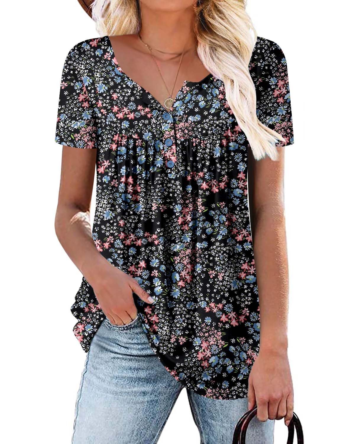 ROSELINLIN Boho Tops for Women Floral Short Sleeve Loose Fit Tunic Tops for Ladies Trendy Floret M