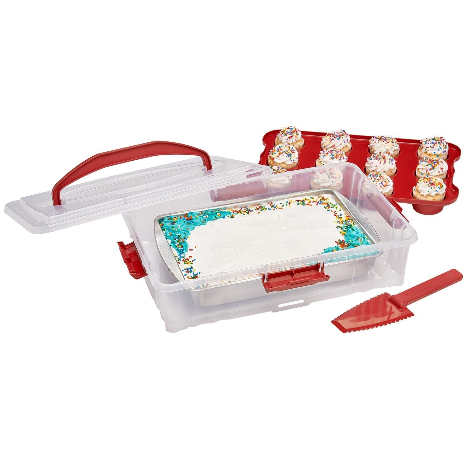 Buddeez Cupcake And Cake Carrier - Stackable Cupcake Holder, Dessert Carrier For Full Size 14x9 Cake Pans Or 12-Count Cupcake Tray, Cupcake Carrier & Cake Box (Includes Slice-N-Serve Utensil)
